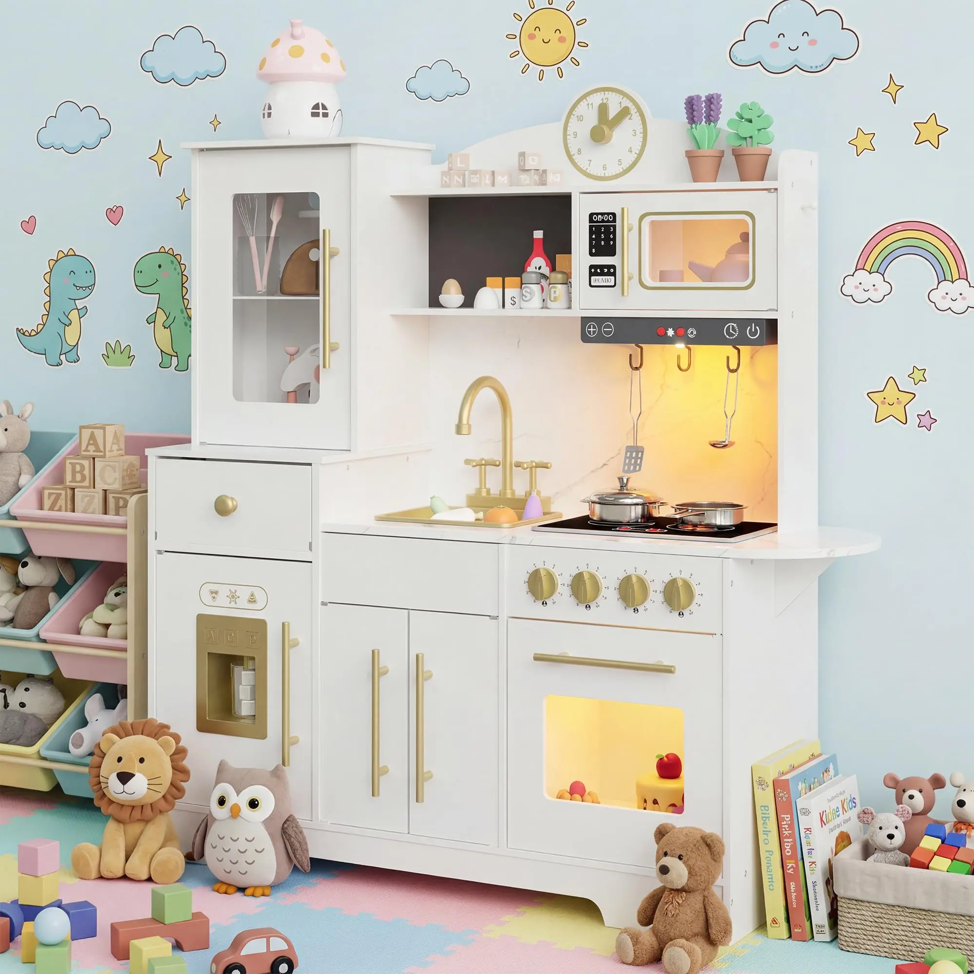 Play Kitchen Cabinet, Wooden Kids Play Kitchen Playset Chef Pretend Play Set for Toddlers with Real Lights & Sounds, Toys Kitchen Toy Food & Cookware Accessories