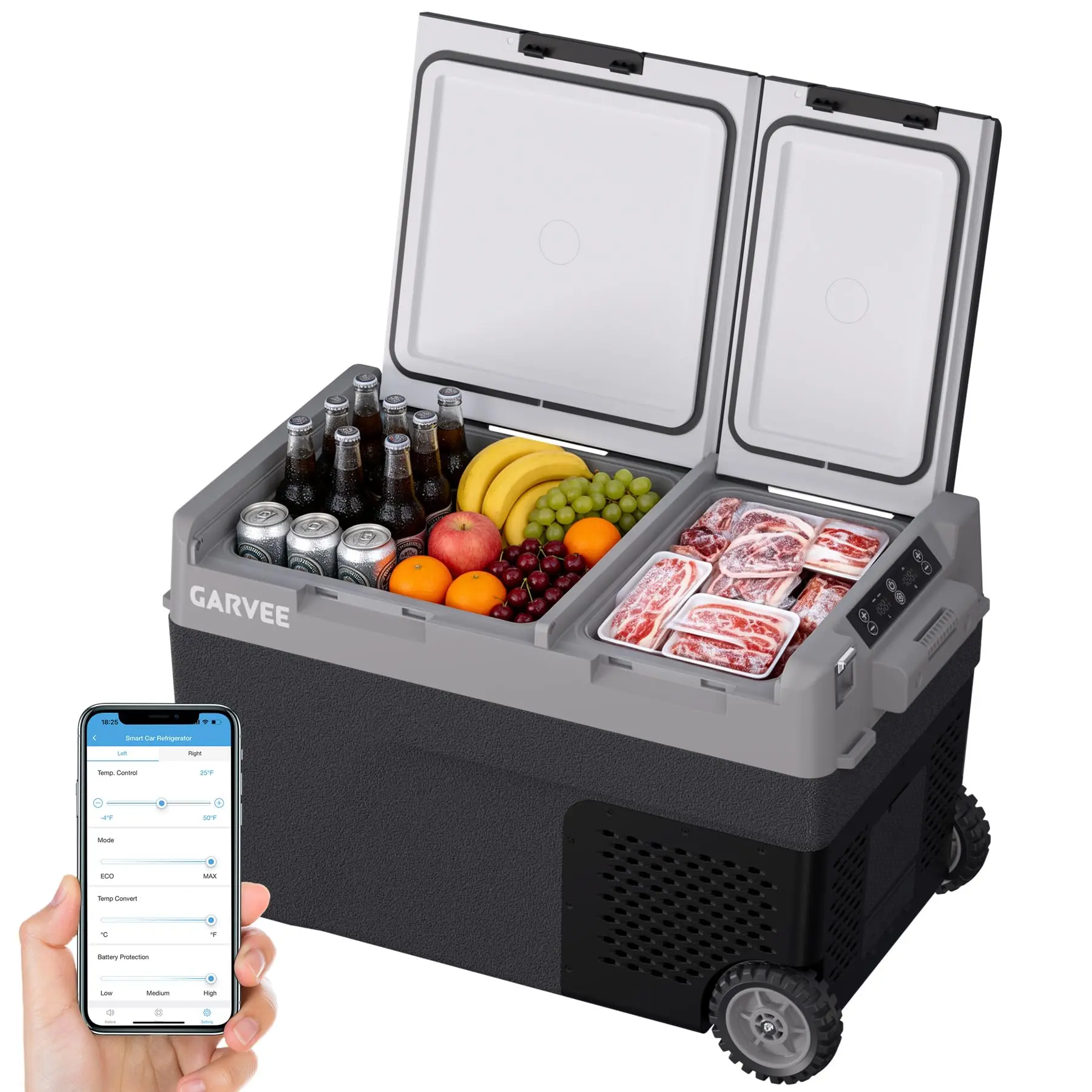 Garvee 40QT/38L Dual Zone Portable Car Fridge Freezer for Hiking/Camping & Outdoor Trips, 12/24V DC Compressor Electric Cooler, -4°F to 68°F Rapid Cooling, LCD Digital Display, Internal Backup Battery Compatible (Battery Not Included)