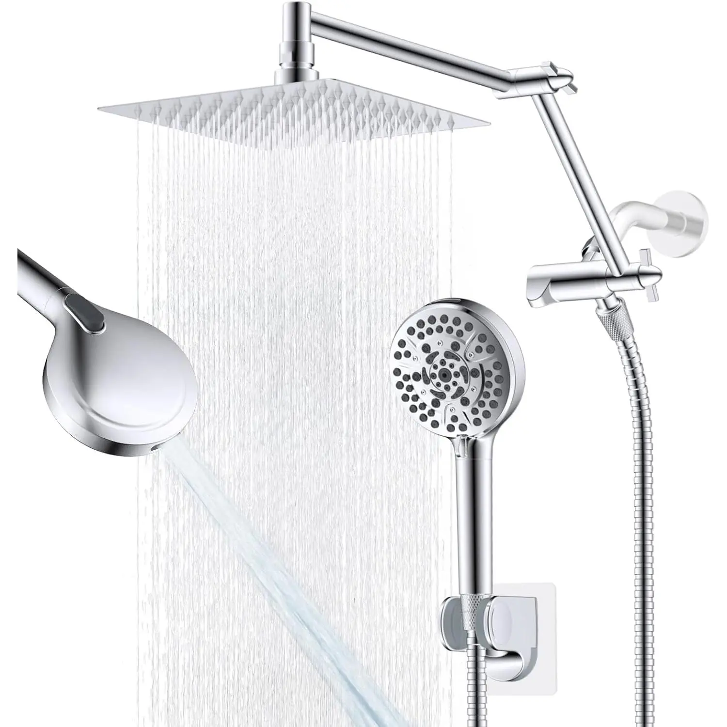 All Metal Rain Shower Head, 8” High Pressure Rainfall Shower Head with Handheld Showerhead, 5" Large Panel Handheld Spray Powerful Clean 10 Modes, 16" Stainless Steel Adjustable Extension Arm, Chrome
