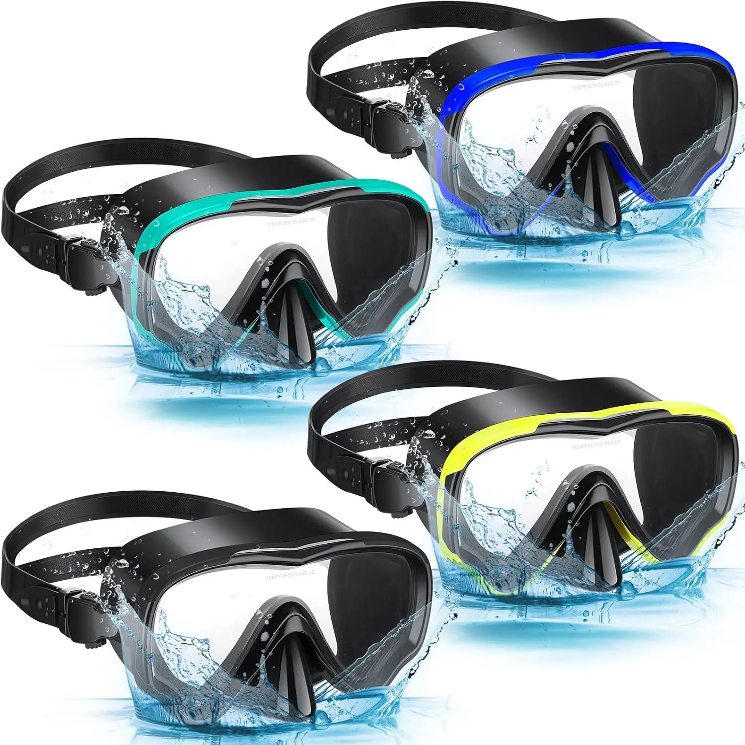 4 count Snorkeling Goggles for Adults Scuba Diving Mask Anti Fog Dive Mask Snorkeling Gear for Men Women Panoramic Swimming Goggles with Nose Cover for Diving, Swimming (Black, Yellow, Blue, Green)