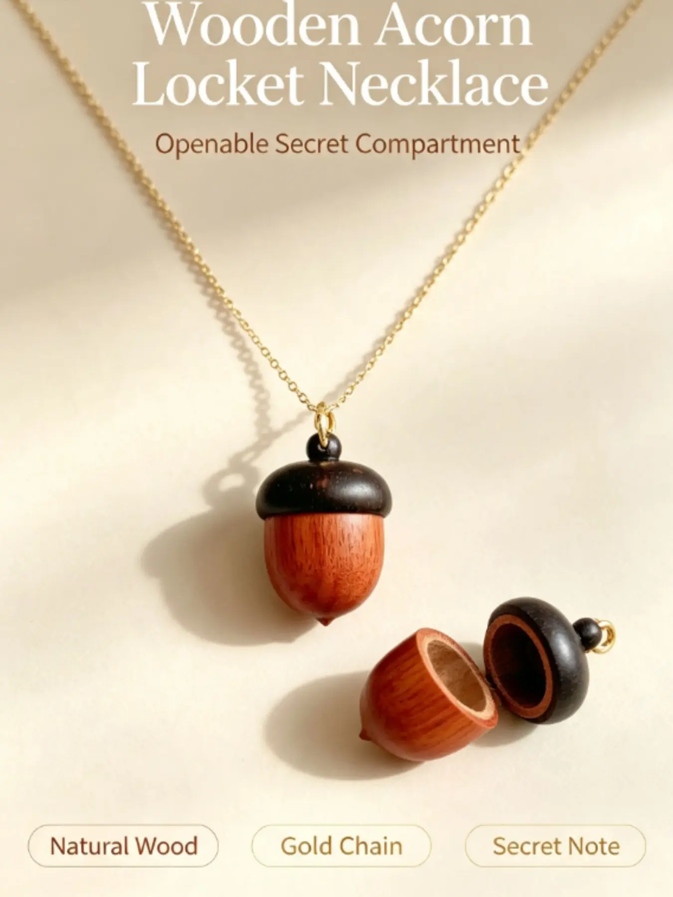 「Natural Wood Acorn Pendant Necklace, Openable Wooden Acorn, Fits Small Notes, Healing Style, Boho Chic, Perfect for Any Occasion, Gift Idea🎁」