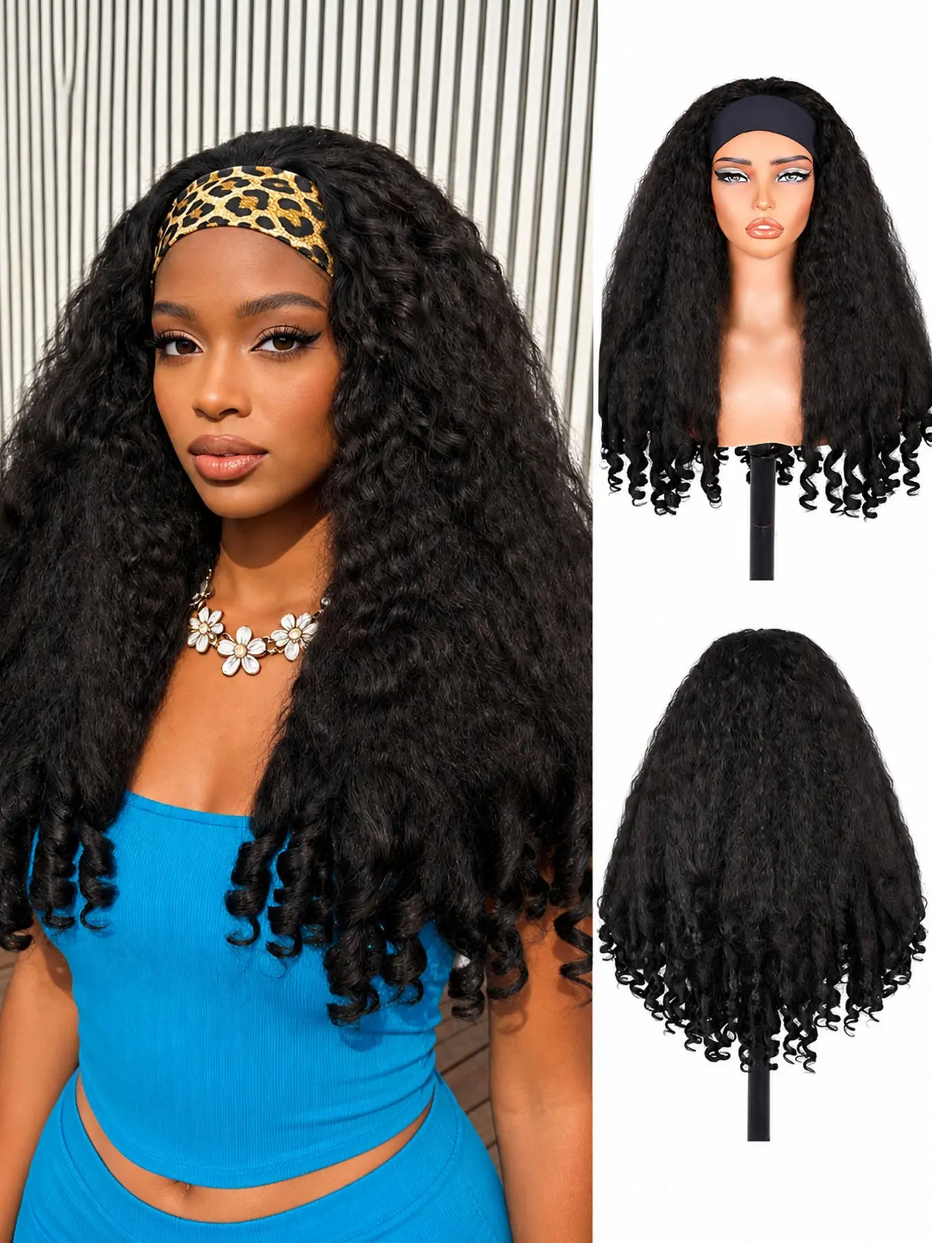 Afro Curly Headband Wig Synthetic Braided Hair Texture with Unique Bouncy Curls in the End Black 24 Inch Soft Curly Voluminous Headband Wigs for Black Women