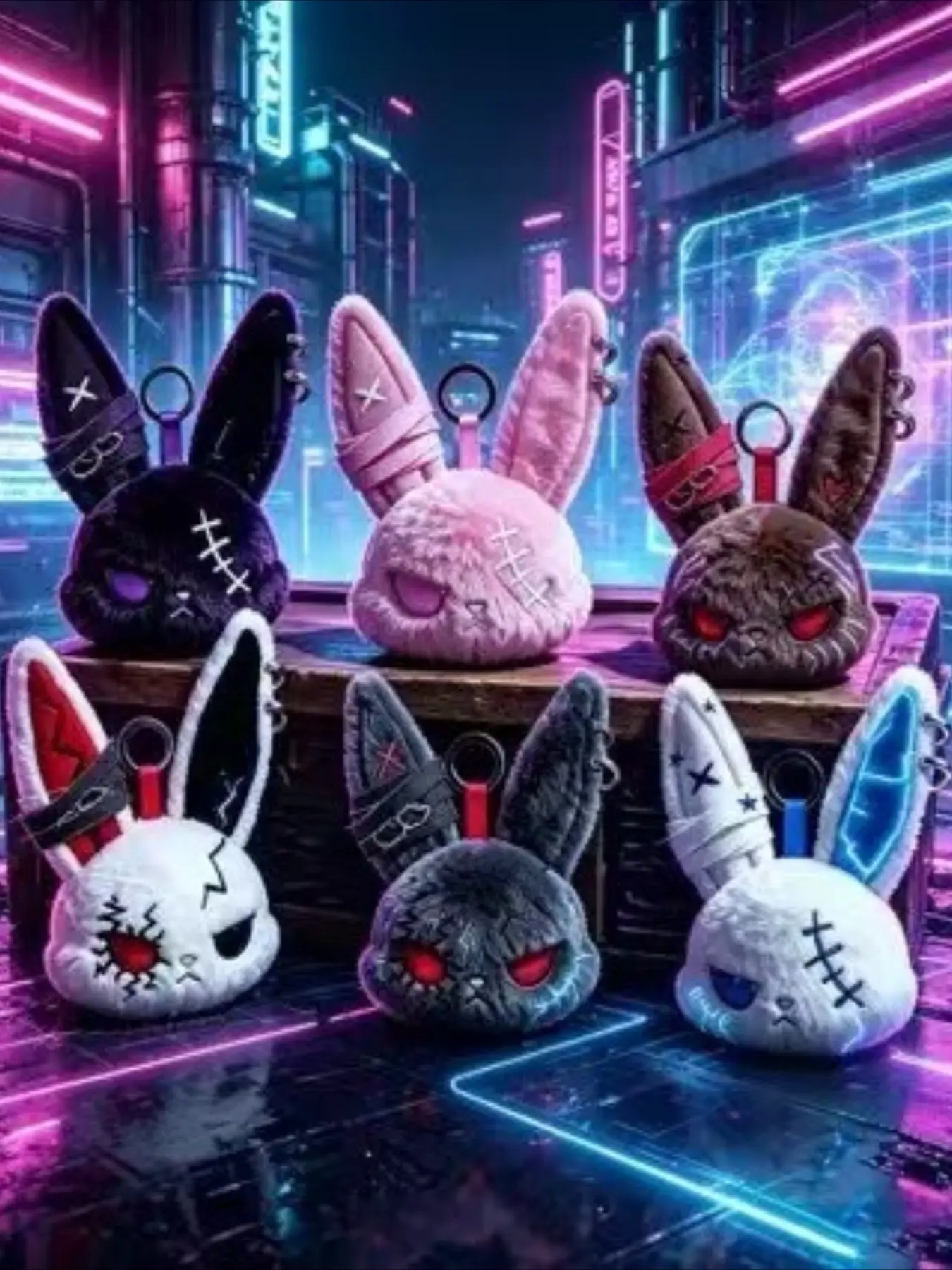 Gothic style bandage stitching rabbit plush keychain cool and dark style rabbit head bag pendant personalized plush animal women's key pendant