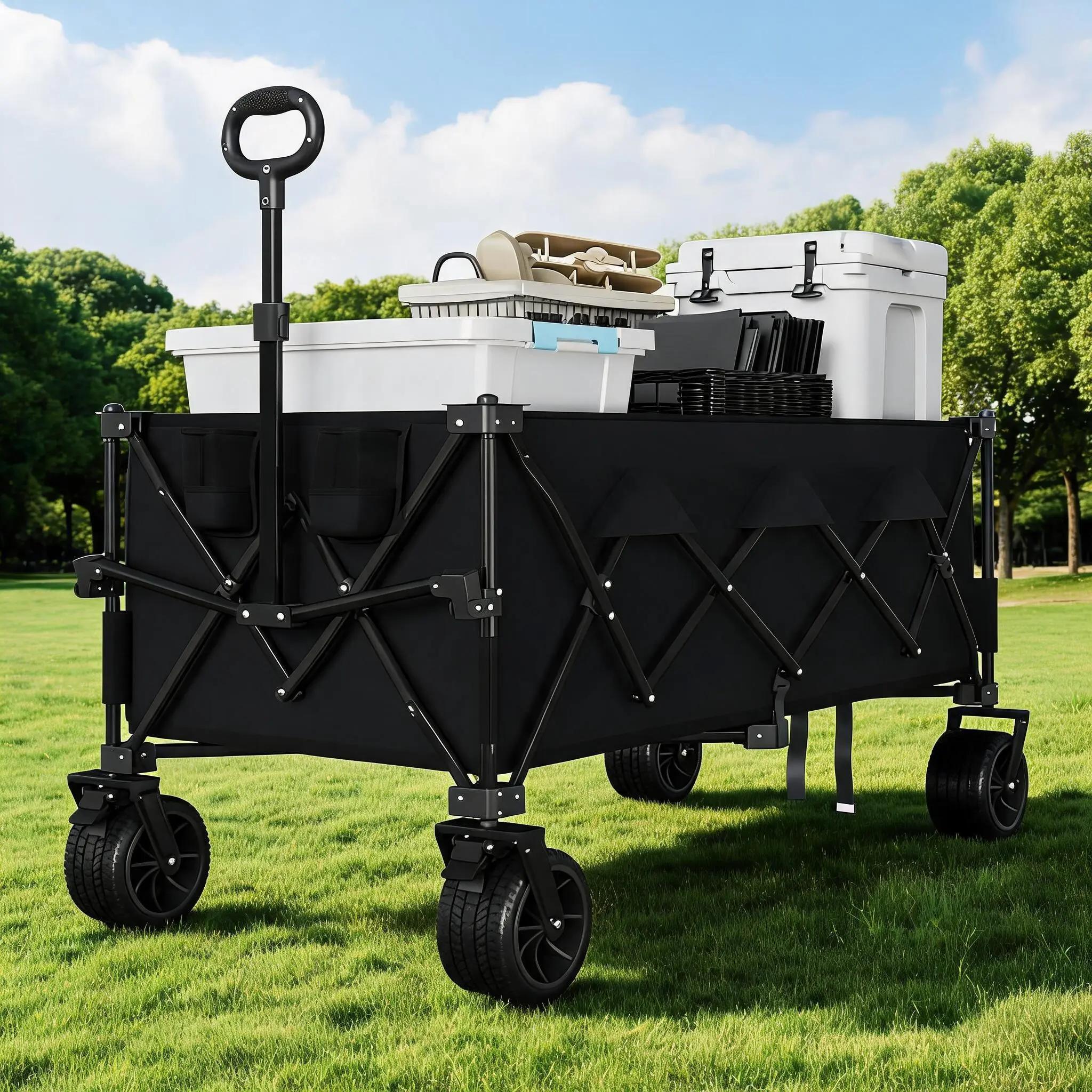 Heavy-Duty Collapsible Garden Wagon, 350L Capacity, All-Terrain Wheels, 460 lb Load, Iron Frame with 600D Oxford Fabric, Available in Black and Red
