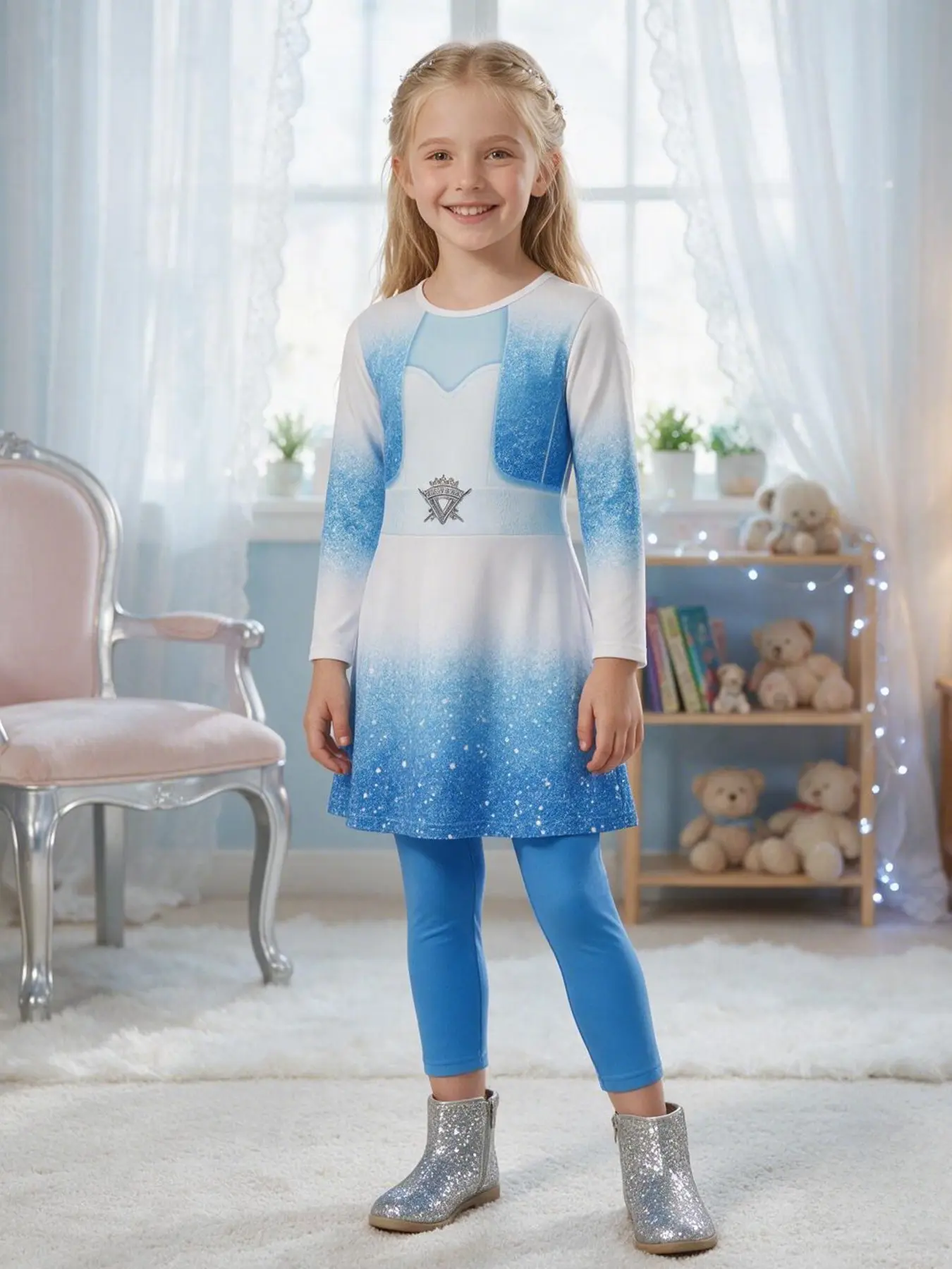 Girls' Cute Costume Set, Blue Dreamy, Birthday Halloween Party Role Play Clothing, All Seasons Slim-Fitting Top with Zipper