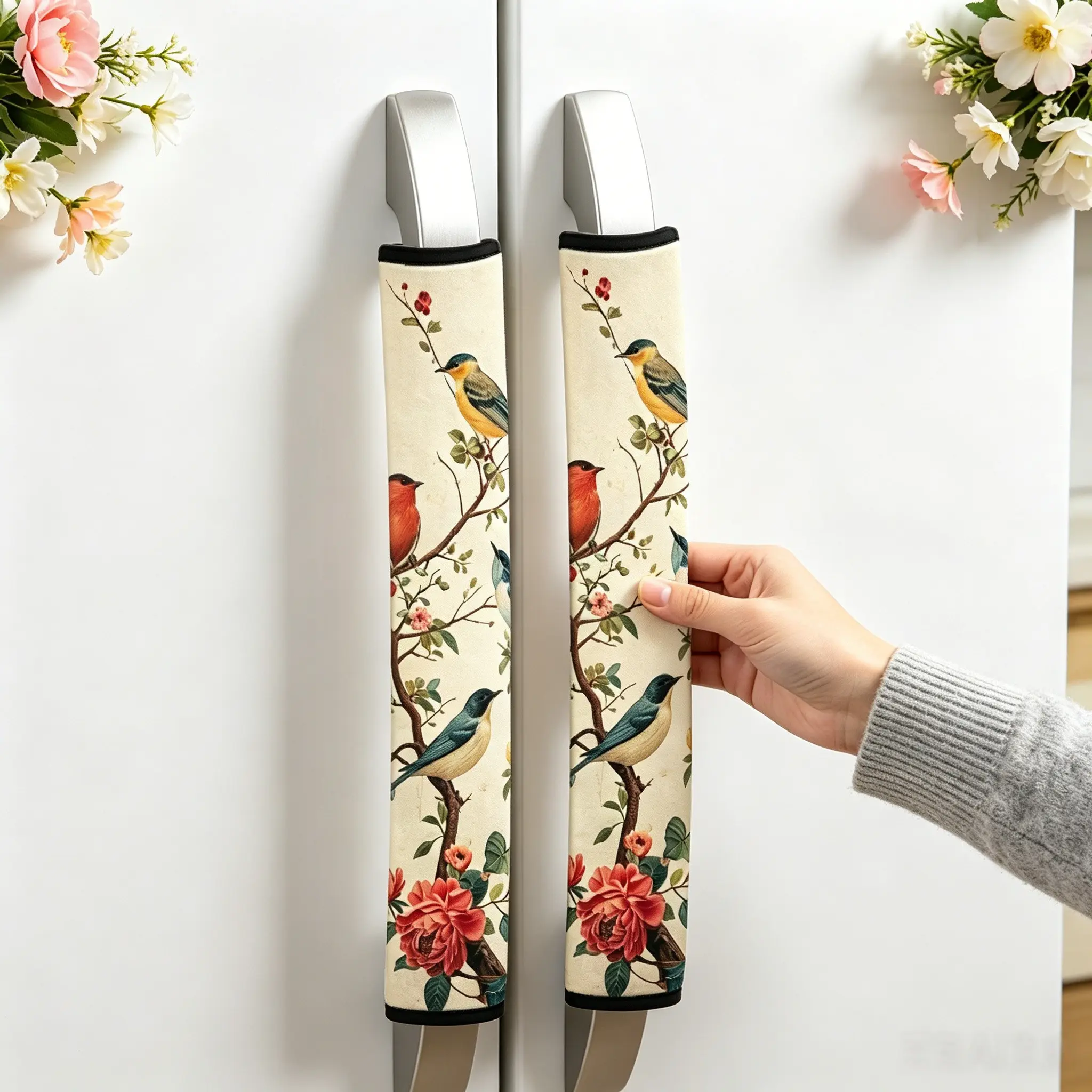 2-Piece Microwave & Refrigerator Handle Covers Set, Vintage Watercolor Floral Bird Design, Kitchen Appliance Decor, Decorative Cover