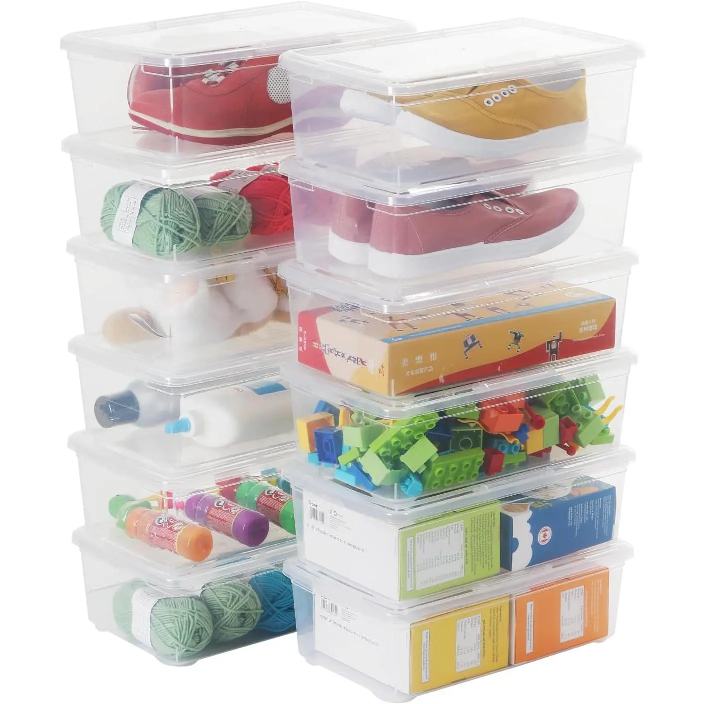 Stackable Plastic Storage Shoebox, BPA-Free Nestable Container with Latching Lid for Shoes, See-Through Clear Bins for Home Office, 12 Pack 6 Quart