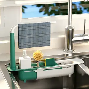 Ventilated Drainage Expandable Sink Tray, Flexible Telescopic Kitchen Sink Caddy, No Drill Counter-top Organizer With Towel Rack, Heavy Duty PP Sponge & Soap Storage For Home Kitchen