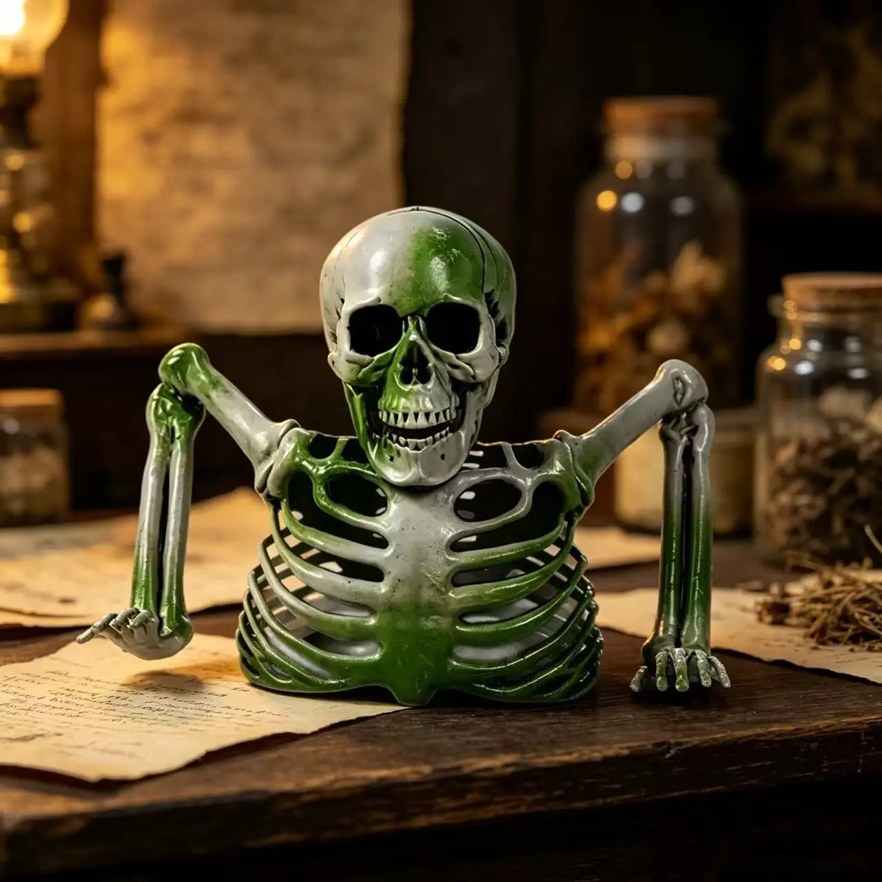 Vintage -Stained Half-Body Skeleton Prop, Articulated Jaw Skull Torso Statue, Spooky Decor for Halloween, Garden, Graveyard, Porch
