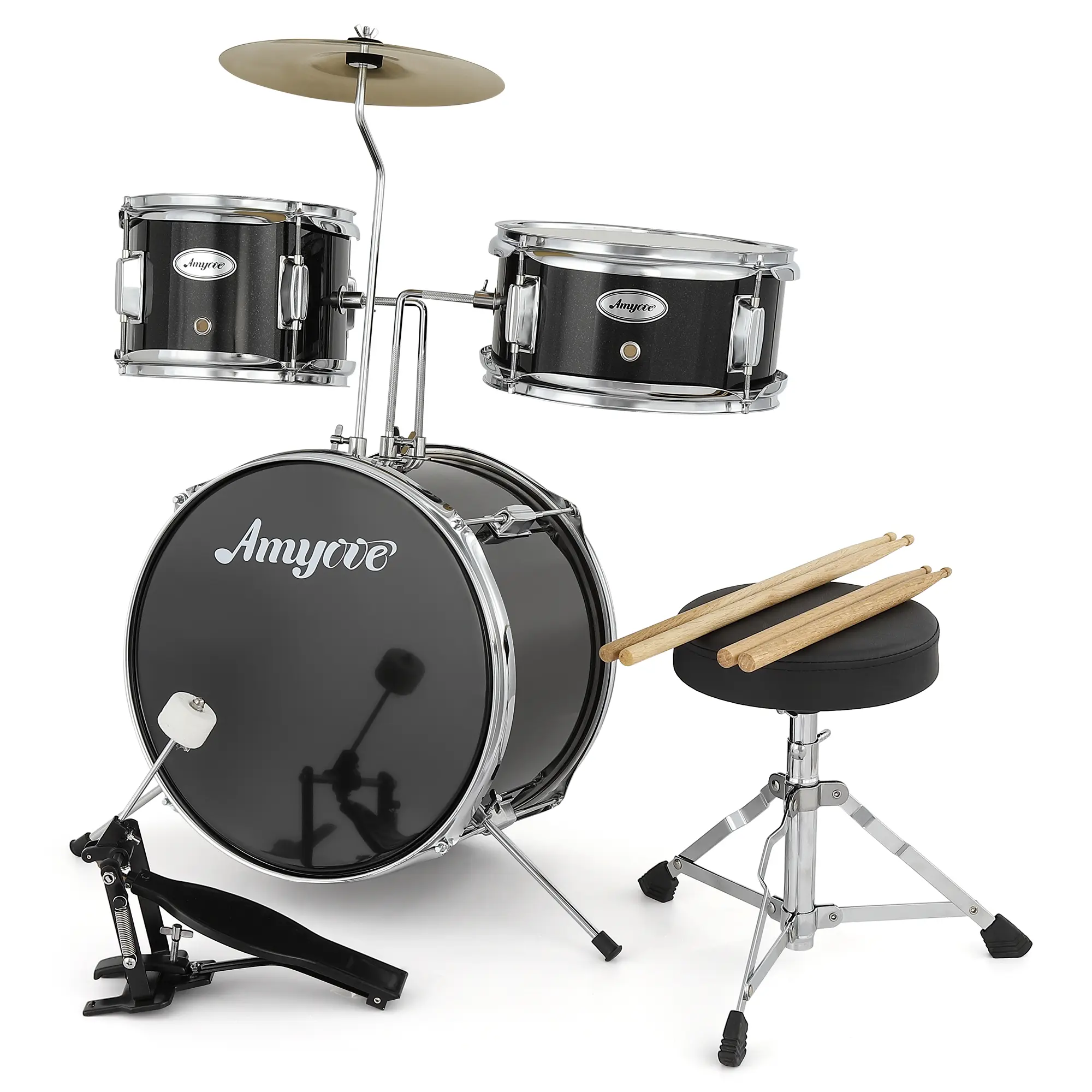 3-Piece Drum Set Kit for Beginners & Kids – Complete Percussion Instrument with Cymbals, Bass Drum, Tom-Tom, Throne Stool, Sticks & Pedal – Ideal Junior Drum Kit for First-Time Players