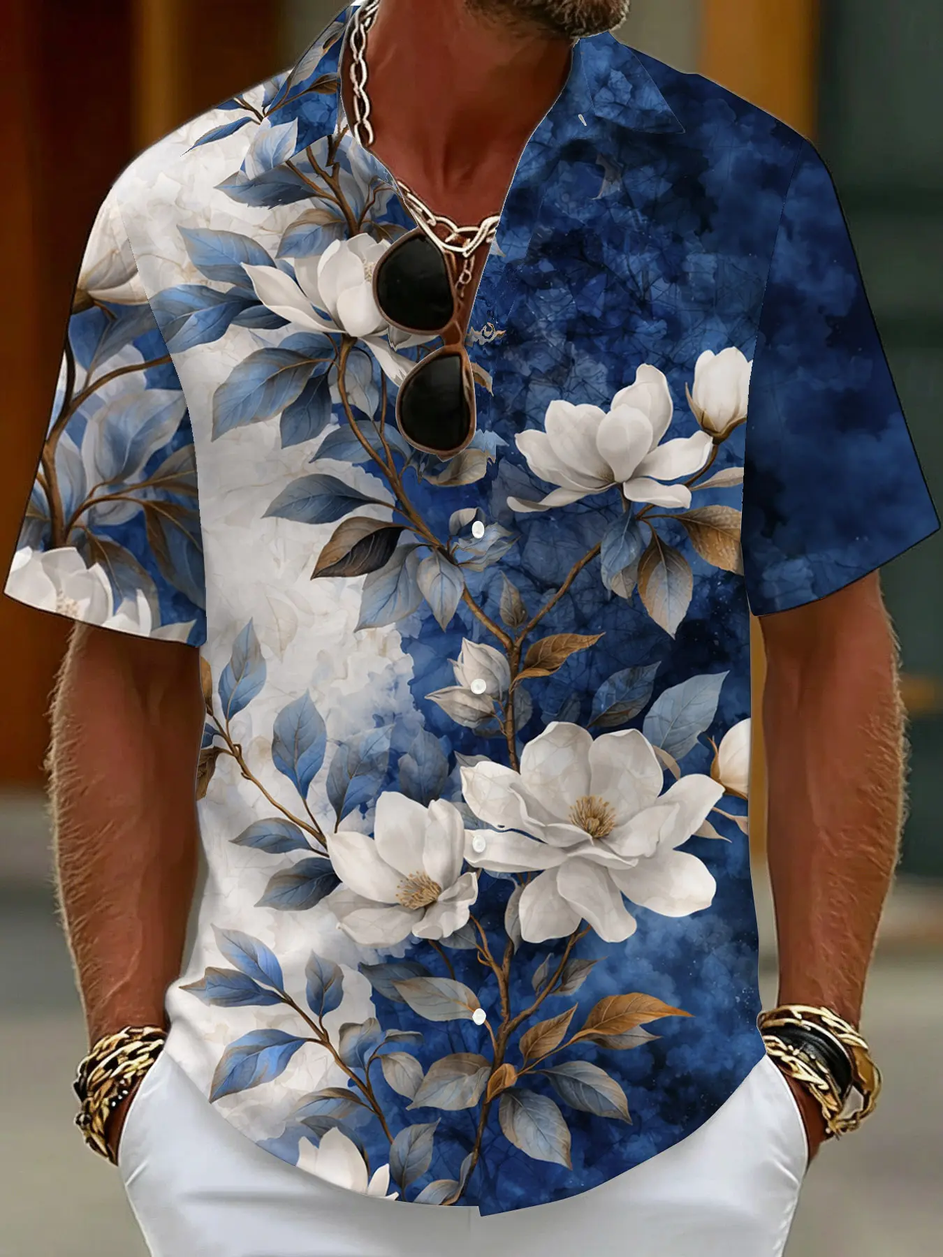 Men's Mandarin Collar Chinese Style Resort Short Sleeve Shirt with Ink and Wash White Magnolia Print on Blue Background