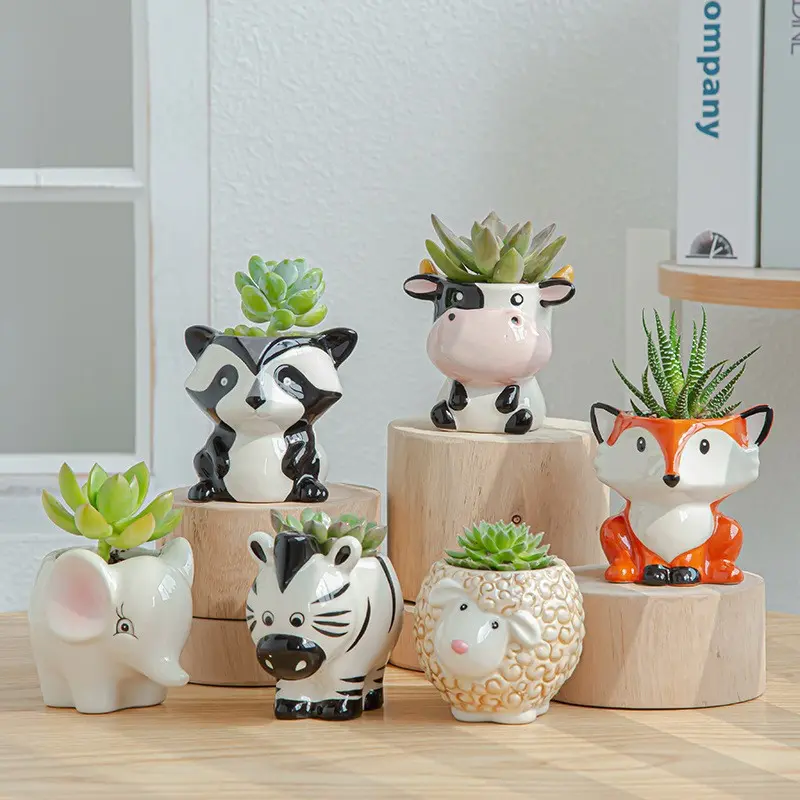 6-Piece Unique Cartoon Animal Shapes Flower Pots Set, Cute Plant Pots, Ceramic Succulent Pots, Creative Home Decor for Living Room Office Desk Garden Planters