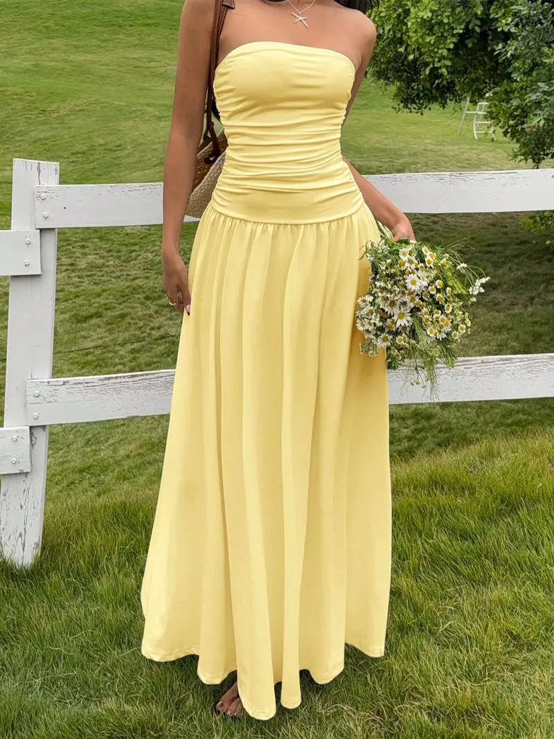 yellow tube top dress Bey'Sic DaintyByBey weather brunch look HAPPY BAY Women's Bandeau Maxi