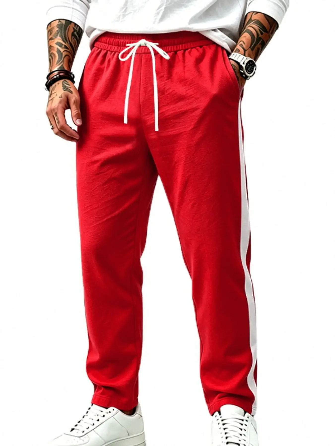 Men's side-striped color-block elasticated straight-leg sweatpants - stretch knitted casual sports trousers - loose and slimming, suitable for daily workouts and versatile in all occasions - Jogging Pants - Athleisure Design