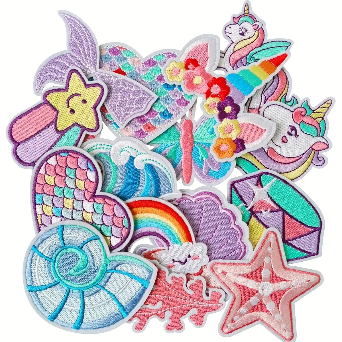 16pcs Mythical Unicorns Iron-On/Sew-On Applique Embroidery Patches - Cute Motifs of Rainbow, Star, Heart, Butterfly for Clothing, Backpack Hat Sewing Craft Accessories