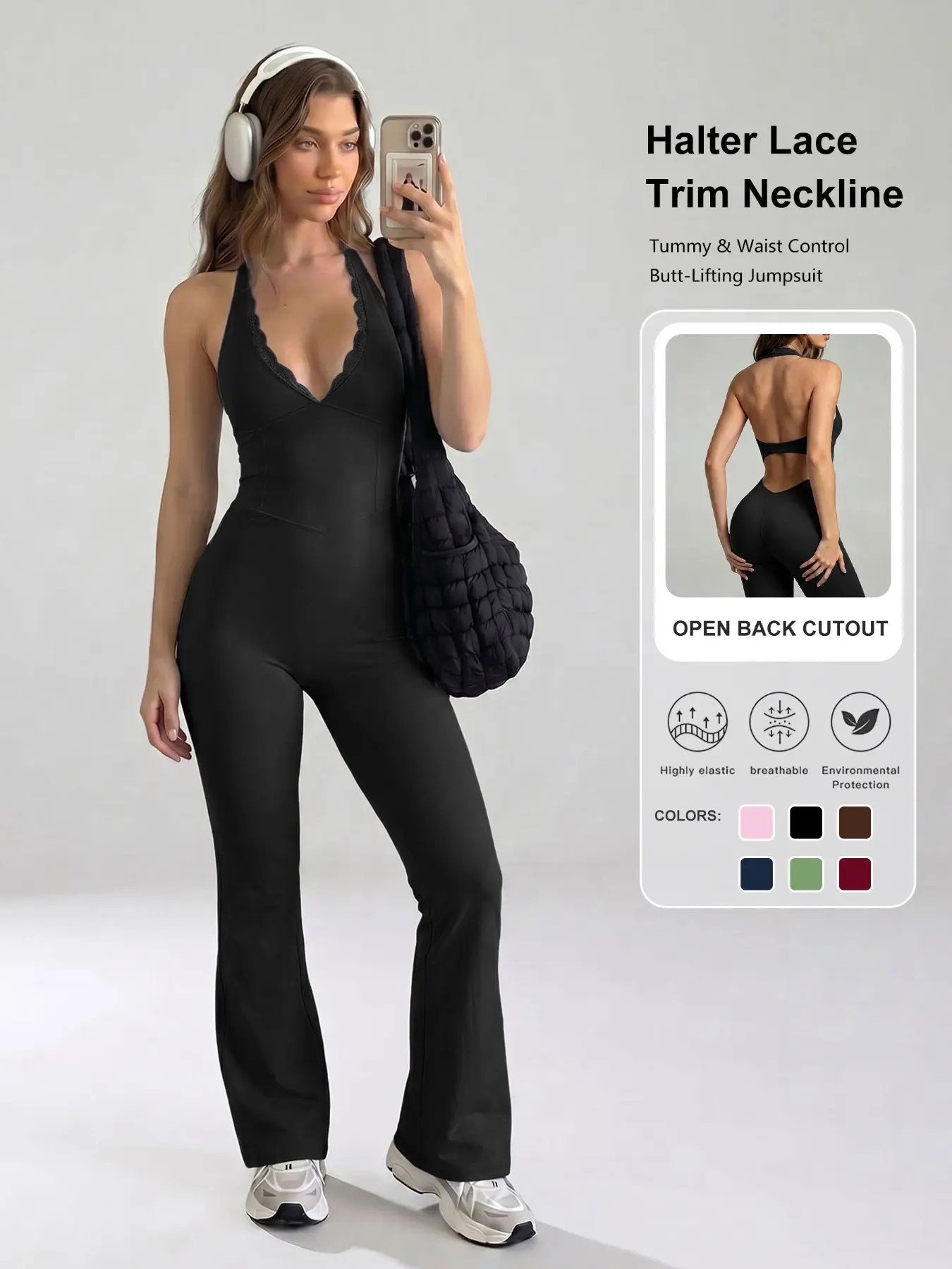 Women's Colorblock Lace V-Neck Jumpsuit with Padded Bra, Slim Fit High Waist, Sleeveless Workout Jumpsuit, Stretchy Jumpsuit, Ideal for Yoga, Fitness, Daily Wear, Sporty Yoga Jumpsuit