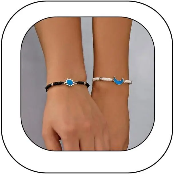 Sun and Moon Bracelets for 2 Matching Couple Bracelet Sunburst Crescent Friendship Bracelet for Women Men Valentine's Day