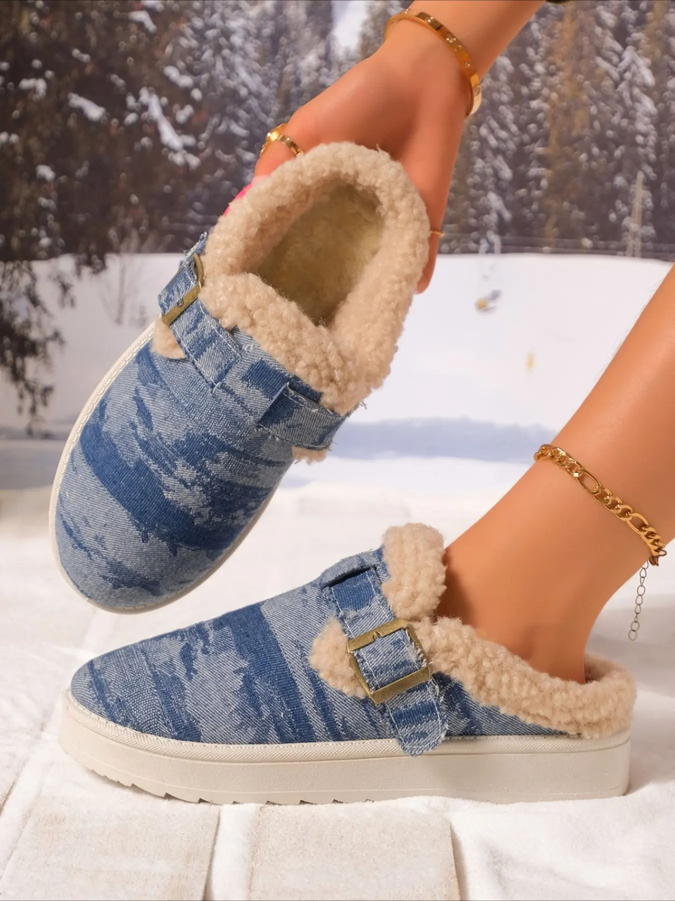 Gradient denim fuzzy slide slippers with metal buckle thick anti-slip sole warm lining retro casual slip-on women outdoor winter footwear