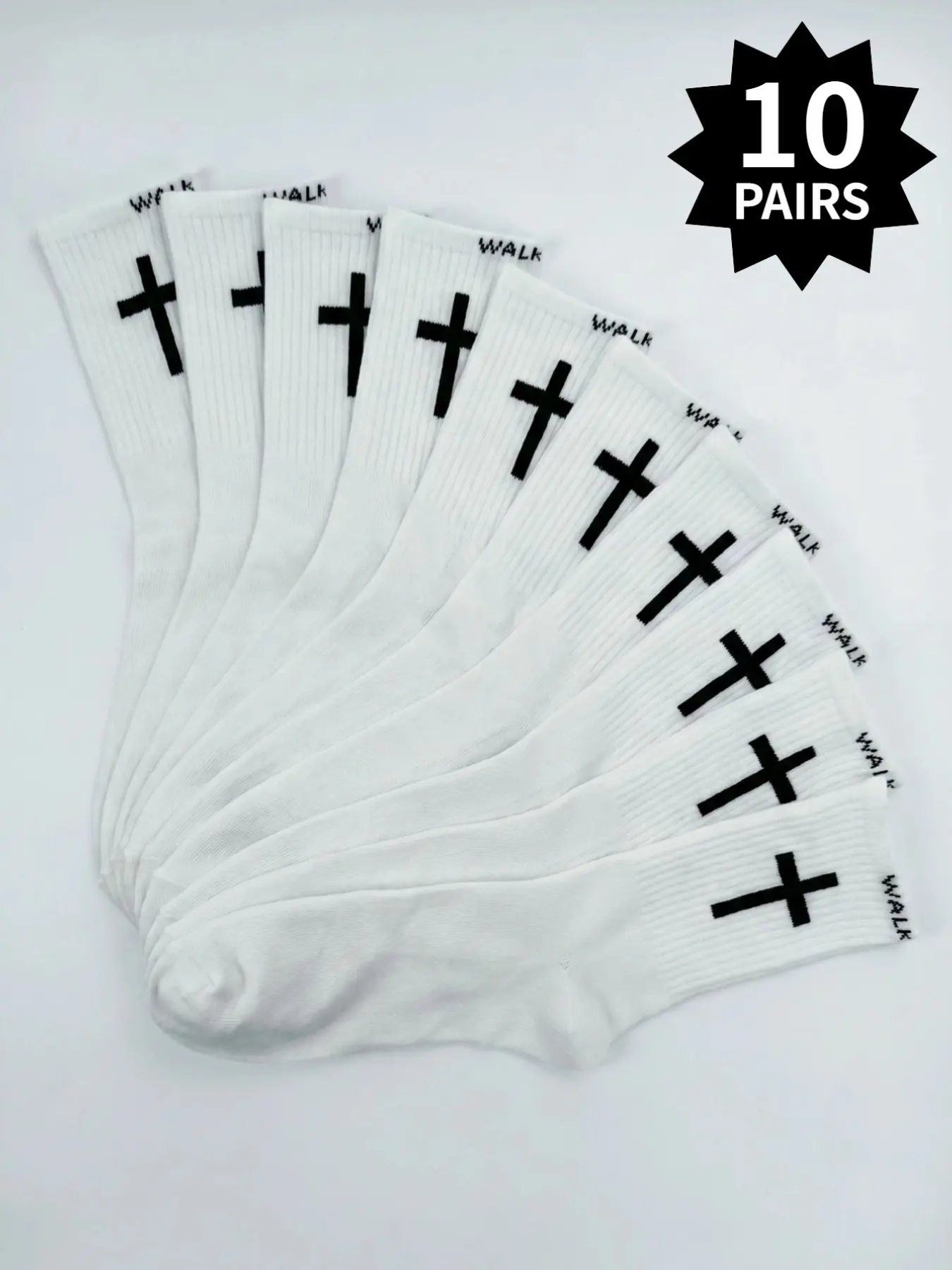 10 Pairs of White Cross-Pattern Socks Sock Packs: Cross-Pattern, Knee-Highs, Ankle Socks, Calf-Length Socks, White Aesthetic Ankle Sock Sets, Faith, Christian Street Style Socks for Men and Women, Knee-Highs, Casual Daily Socks
