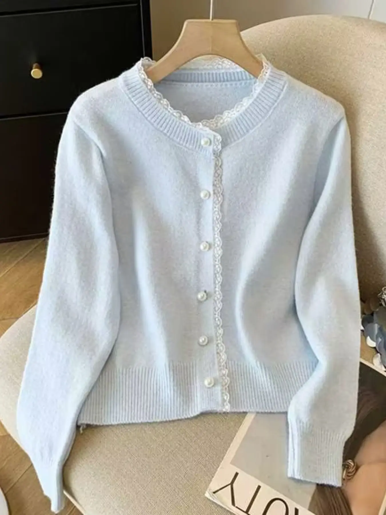 Women's Basic Long Sleeve Crewneck Pearl Button Down Knit Cardigan Sweaters, Soft Fuzzy Lace Trim Elegant Vintage Casual Loose Fit Tops Knitwear Everyday Wear Cute Warm Outerwear