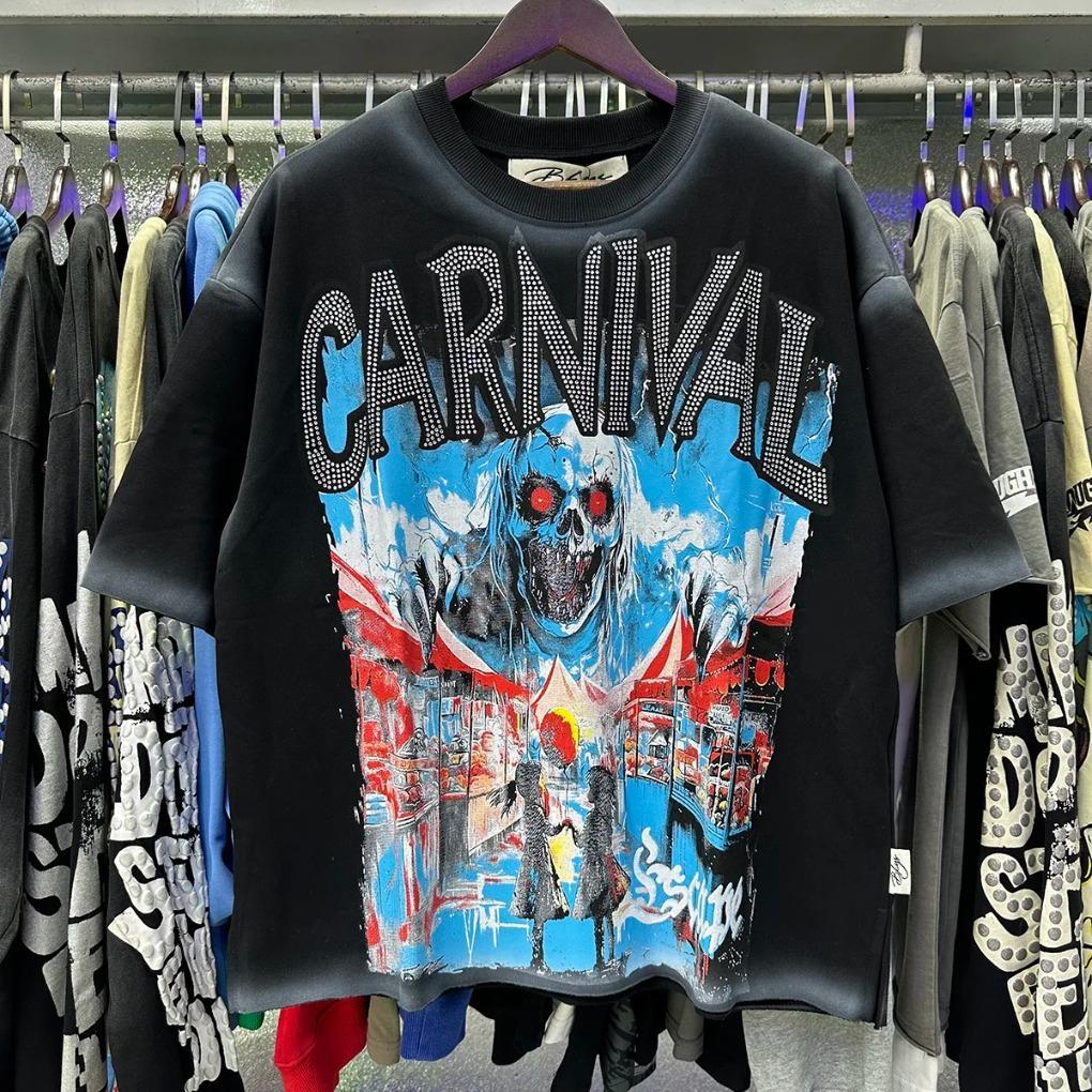 Rhinestone Logo Bling graffiti letter print T Shirt Men Women Grey wash loose casual Tees Fashion Harajuku Shinning Diamond Tops