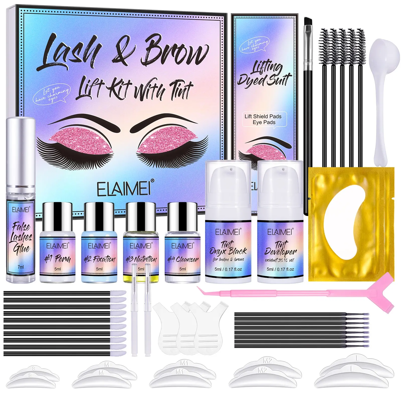 ELAIMEI Eyelash Eyebrow Duo, 4-in-1 Eyelash & Eyebrow Perming, Curling, Shaping and Tinting Kit, Quick Curl and Volume Tinting, Suitable for at-home DIY and salon use