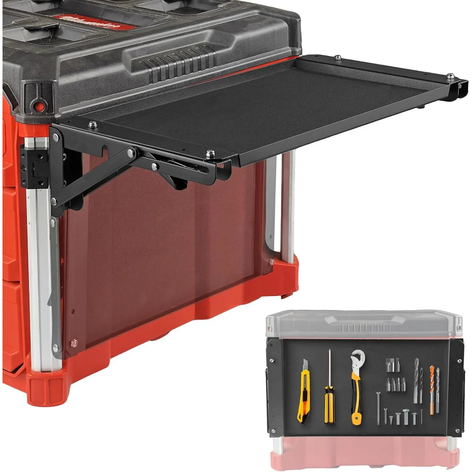 GJANSH Folding Magnetic Tool Tray Table with Strong Neodymium Magnets, Heavy-Duty Side Shelf Compatible with Milwaukee PACKOUT System, Perfect for Jobsite Parts Organization & Truck Bed Repair Work