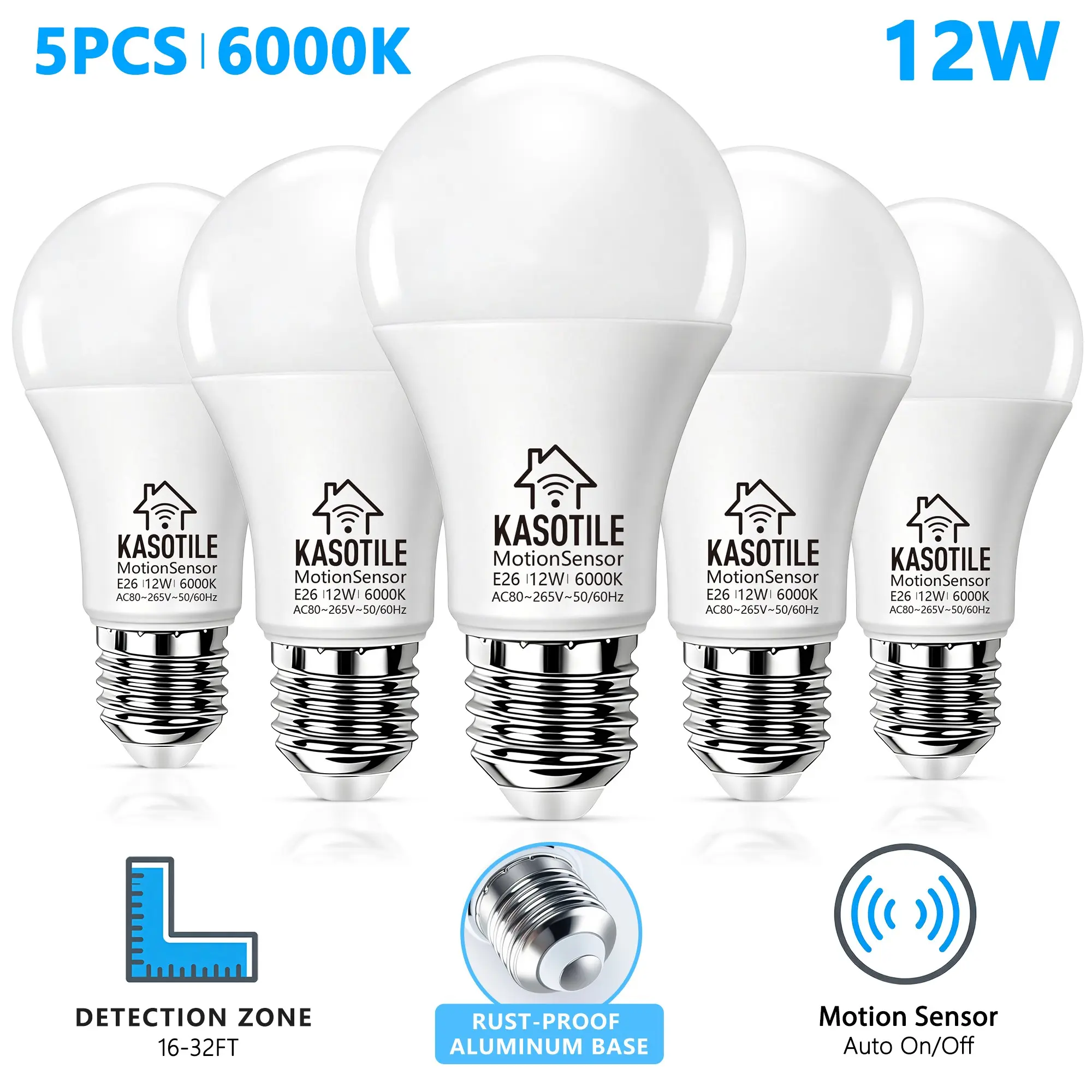 Kasotile Radar Motion Sensor LED Light Bulbs E26 Base, 6000k Cool Light, 120° Wide Range Auto Switch, Energy Efficient Security Lamp