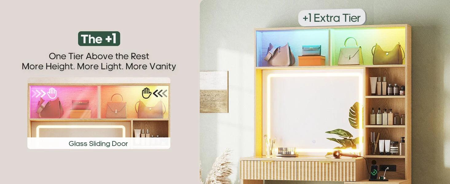 Fluted Makeup Vanity with Sync Music LED Lights and Glass Top Natural Oak