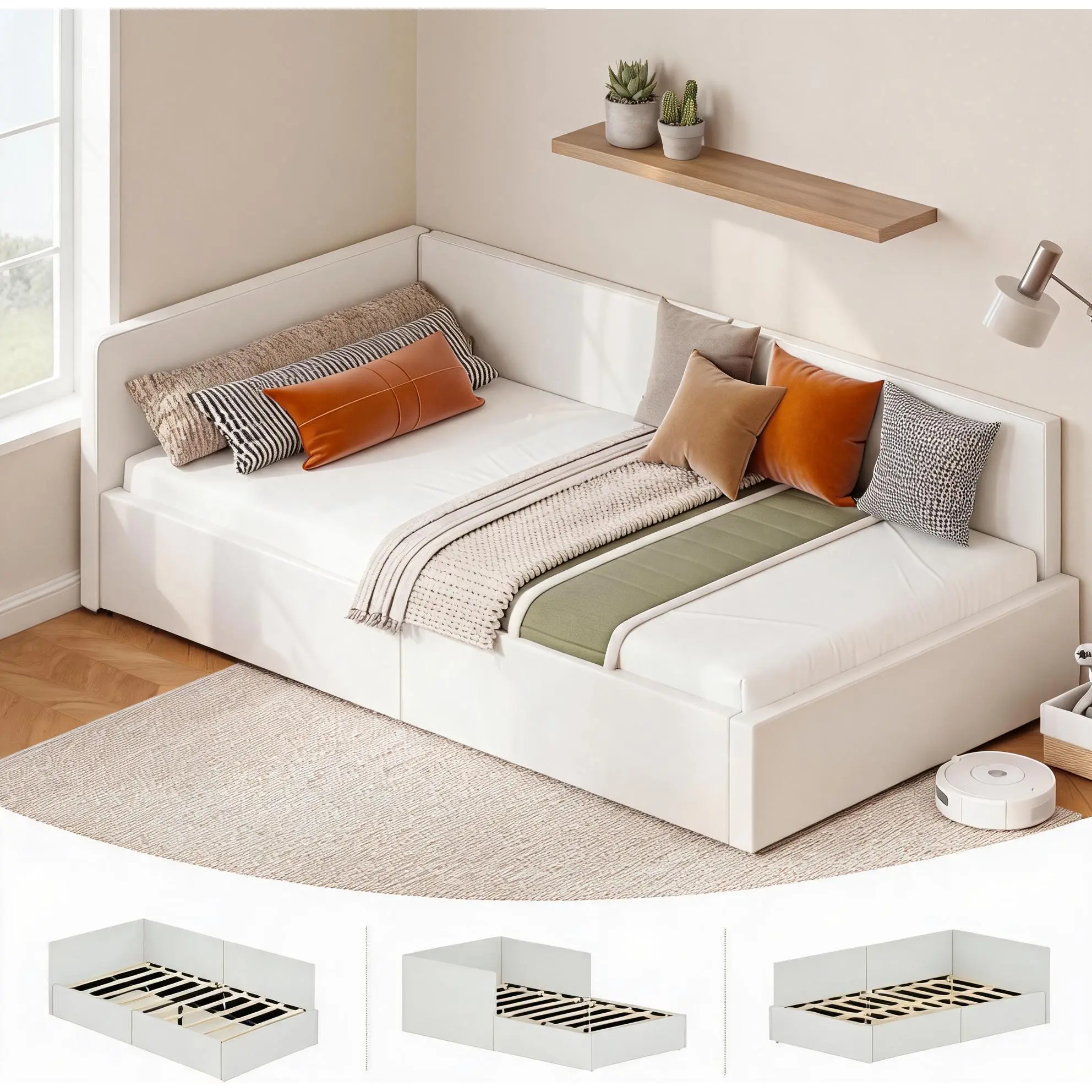 Garvee Twin Size Velvet Daybed with Headboard, Corner Bed Frame with Bed Rails, Upholstered Sofa Bed with Guardrail for Bedroom & Guest Room, Adjustable Installation, Wooden Slats Support, Beige