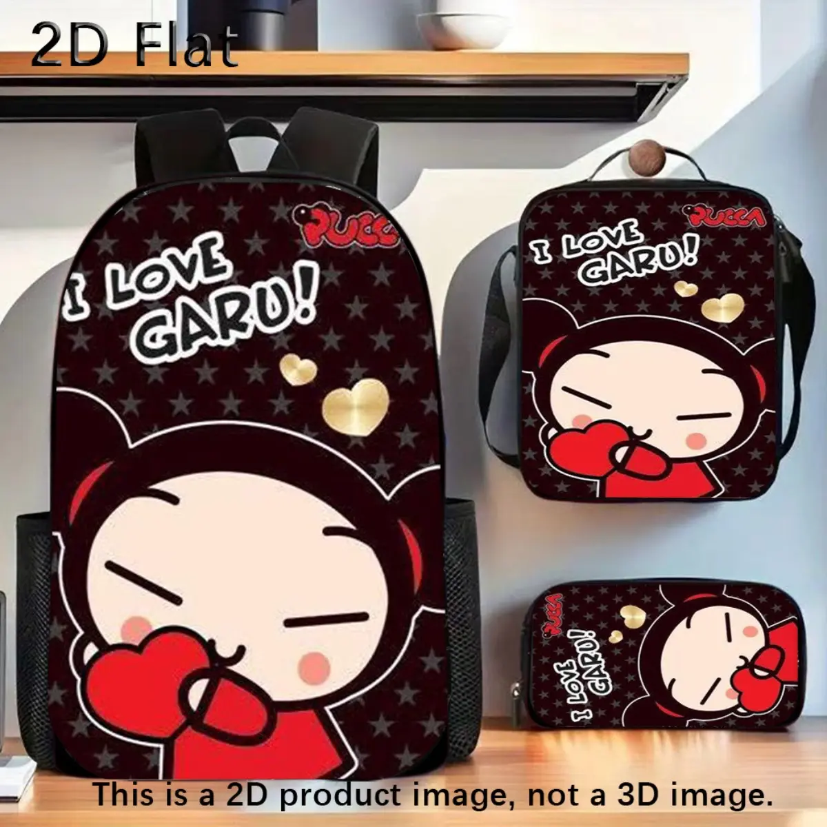 Winter Valentine'S Day 3pcs Computer Backpack Pucca Backpack Set Features a Spacious Backpack, a Pencil Case, And a Zippered Messenger Bag with Adjustable Shoulder Straps, Making It an Excellent Gift for Travel And Commuting