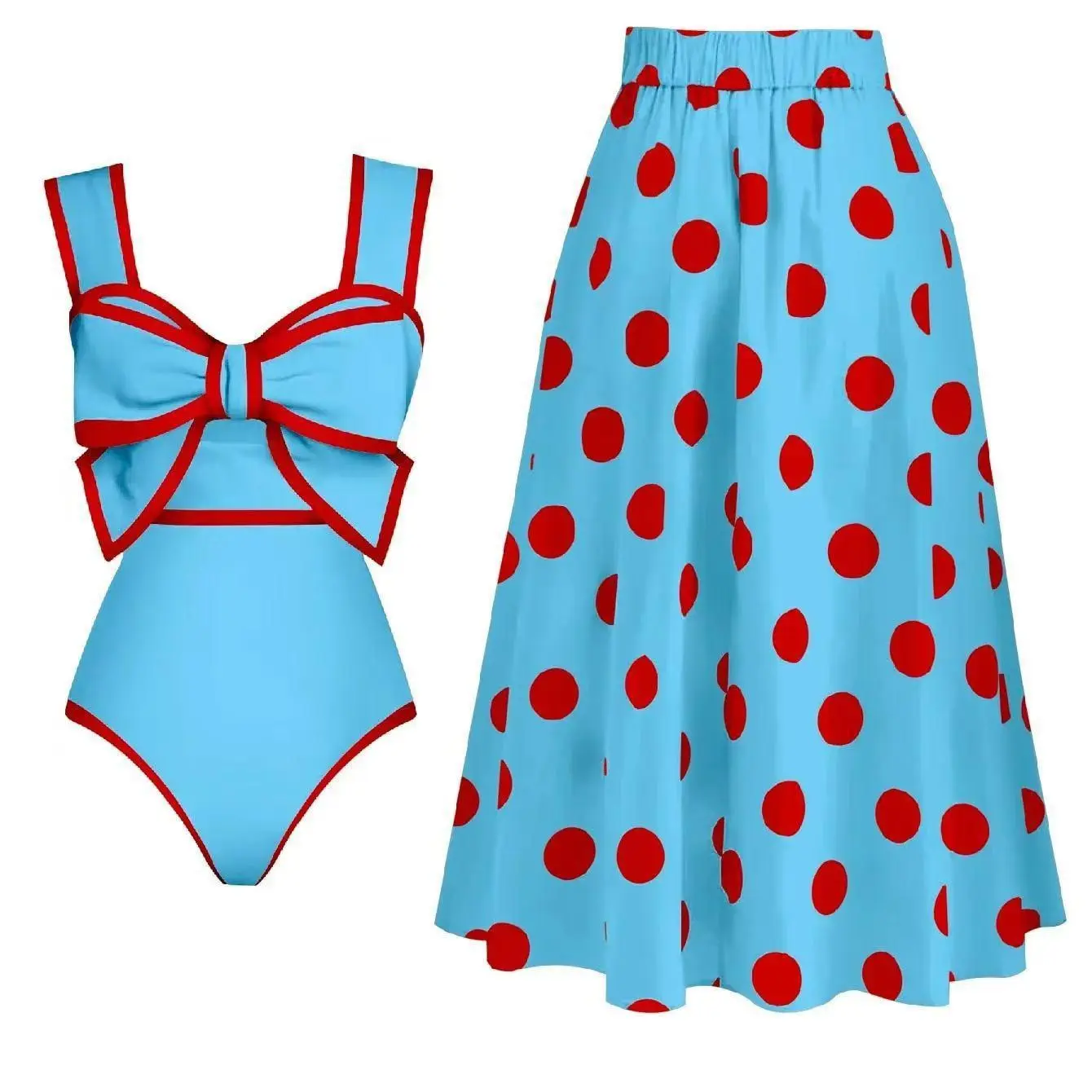 Women's Contrast Binding One-Piece Swimsuit & Polka Dot Print Skirt Set, Strapless Casual Swimwear, Perfect for Beach Holiday & Vacation