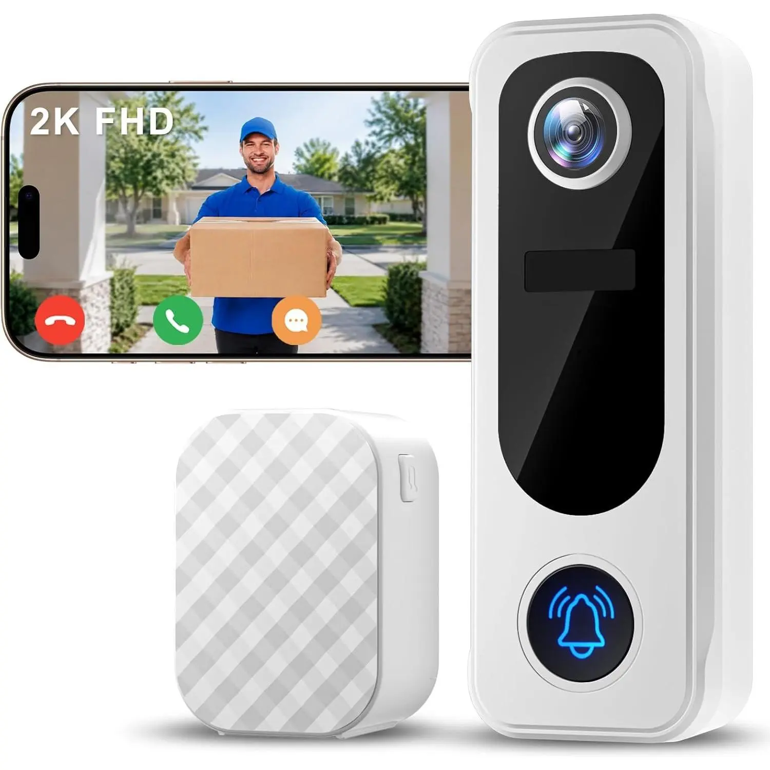 Doorbell Camera  No Subscription -  Video Doorbell  with Chime, 2 Way Audio, 30s Voice Message, Anti-, AI Detection, Only 2.4GHz WiFi,  , Work with Alexa