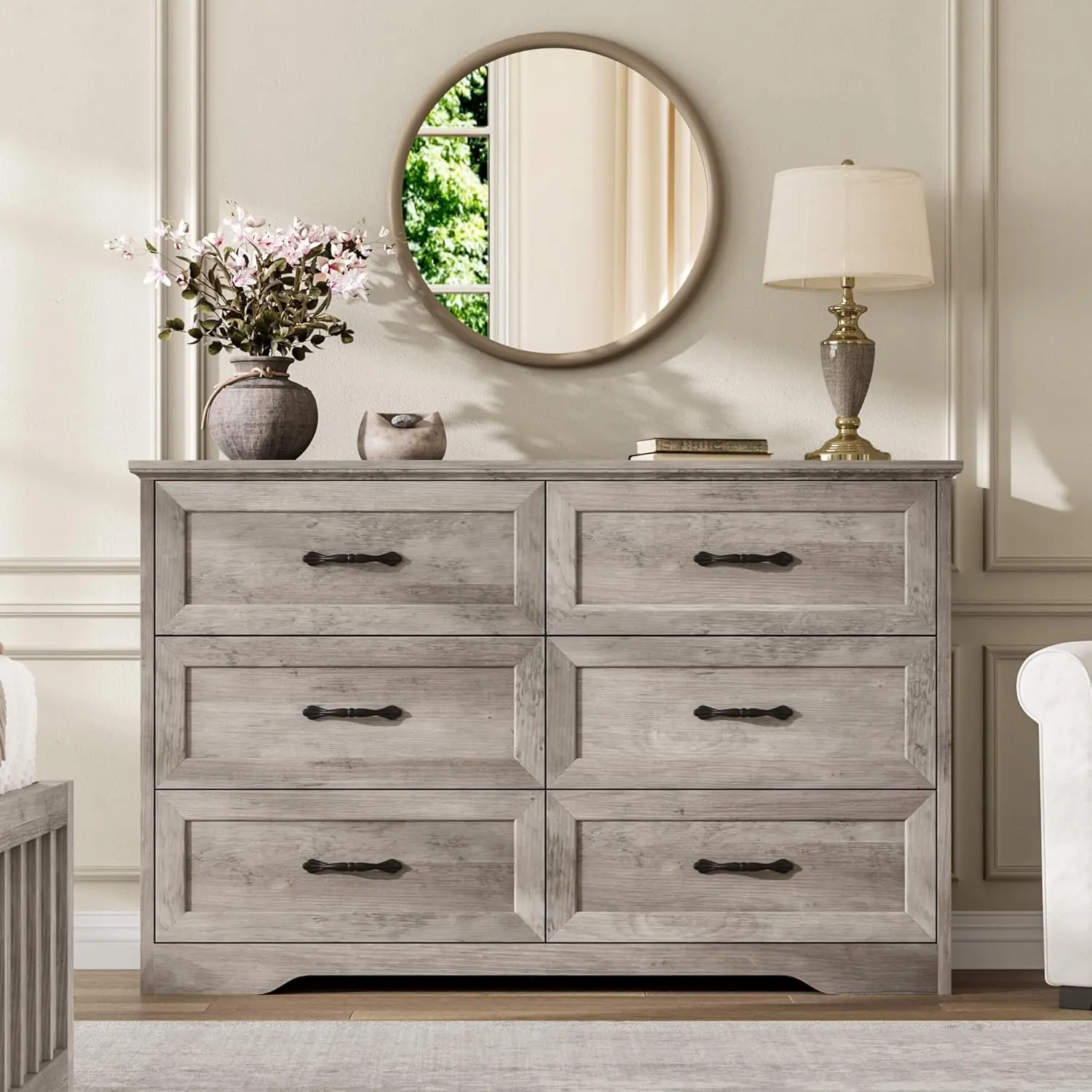 Farmhouse 6 Drawer Dresser for Bedroom, 47.2" Wide Chest of Drawers with Metal Handles and Stable Base, Wooden Storage Organizer Cabinet for Living Room, Hallway, Closet, Grey