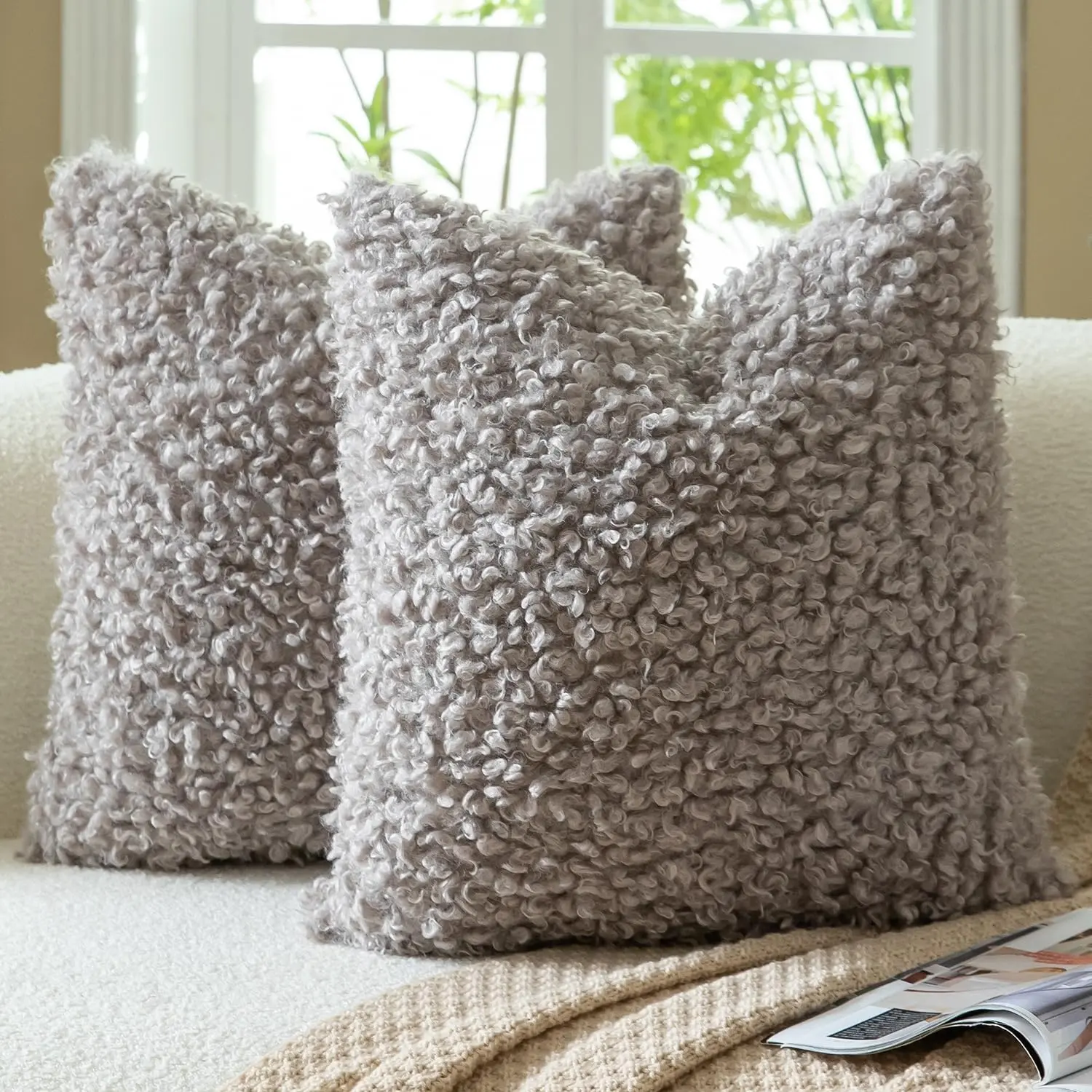 2 Pieces 18x18 Inch Taupe Grey Faux Fur Throw Pillow Covers Boucle Decorative Pillow Covers Thick Fuzzy Fleece Pillowcases Cushion Covers for Sofa Couch Bed Living Room