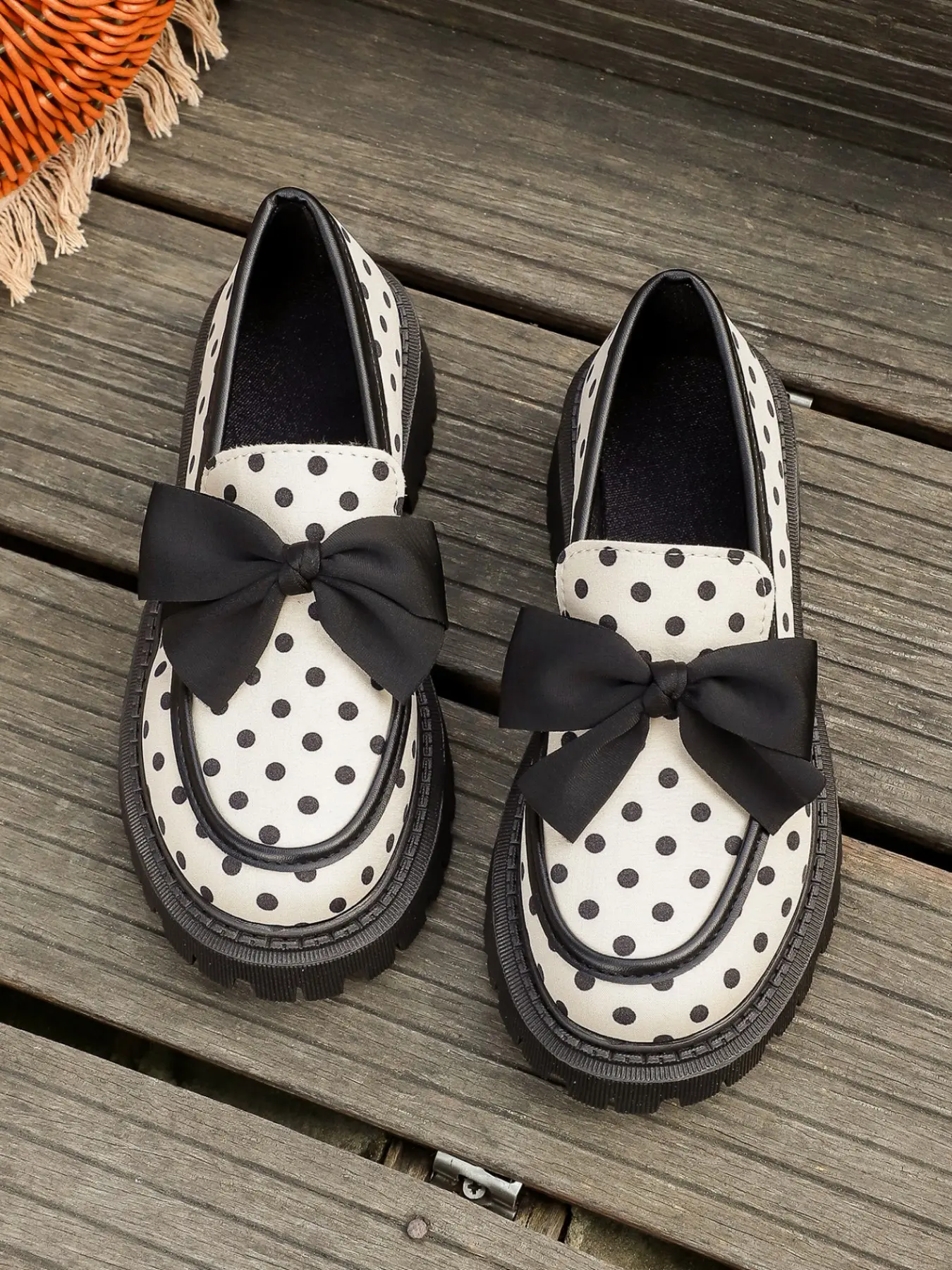 Women's Vintage College Style Loafers, Polka Dot Large Bow Thick Sole Flat Shoes, All-Season Casual Footwear, Spring & Fall