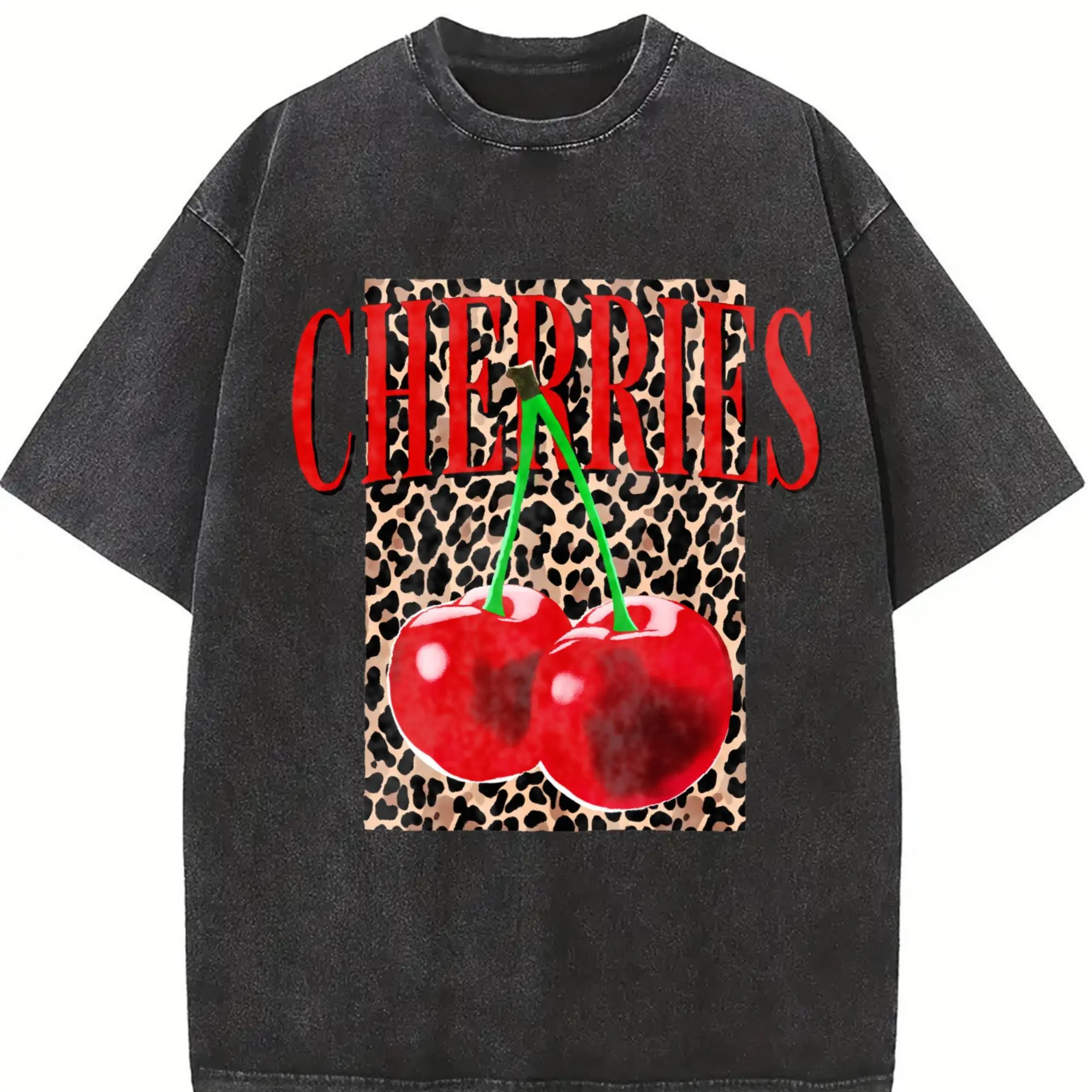 Plus Size Summer Women's Fun Print Hip-Hop "Leopard Cherry Letters" Personalized Pattern Print Street , Korean Style Y2k Clothing Women's Clothing, Round Neck Short-Sleeved Washed T-Shirt
