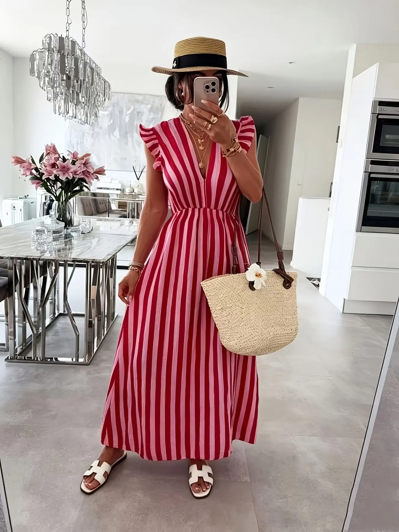 Women's Striped Ruffled Dress, Casual Vacation Style, Beach Summer Dress, Perfect for Beach Holidays and Dates, European and American Fashion, Model 10462