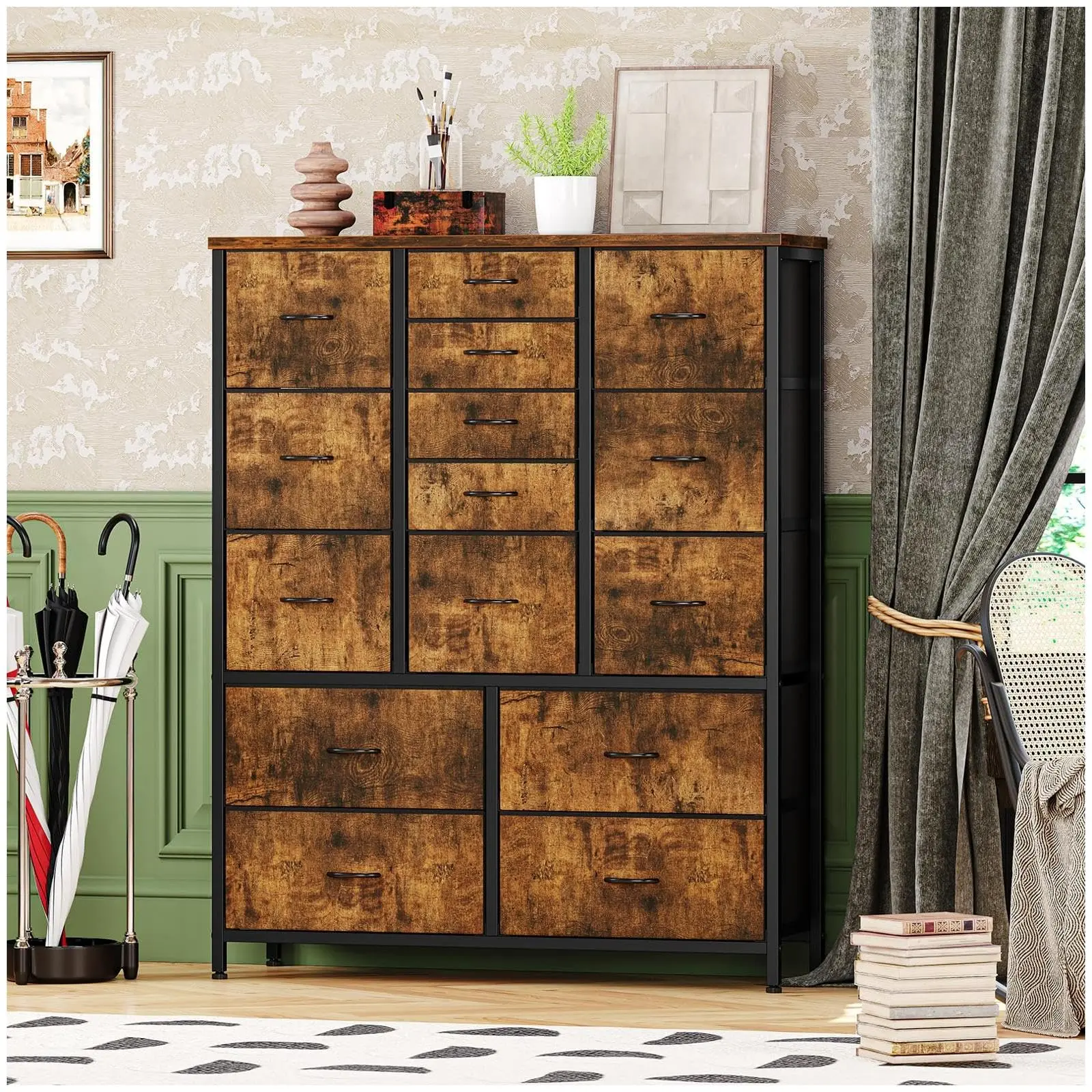 GARVEE15 Drawer Dresser for Bedroom Storage - Tall and Spacious Organizer with Fabric and Metal Frame, Wood Top, Side Pockets, Hooks, Easy Pull Handles, Simple Assembly in Rustic Brown or Charcoal Black