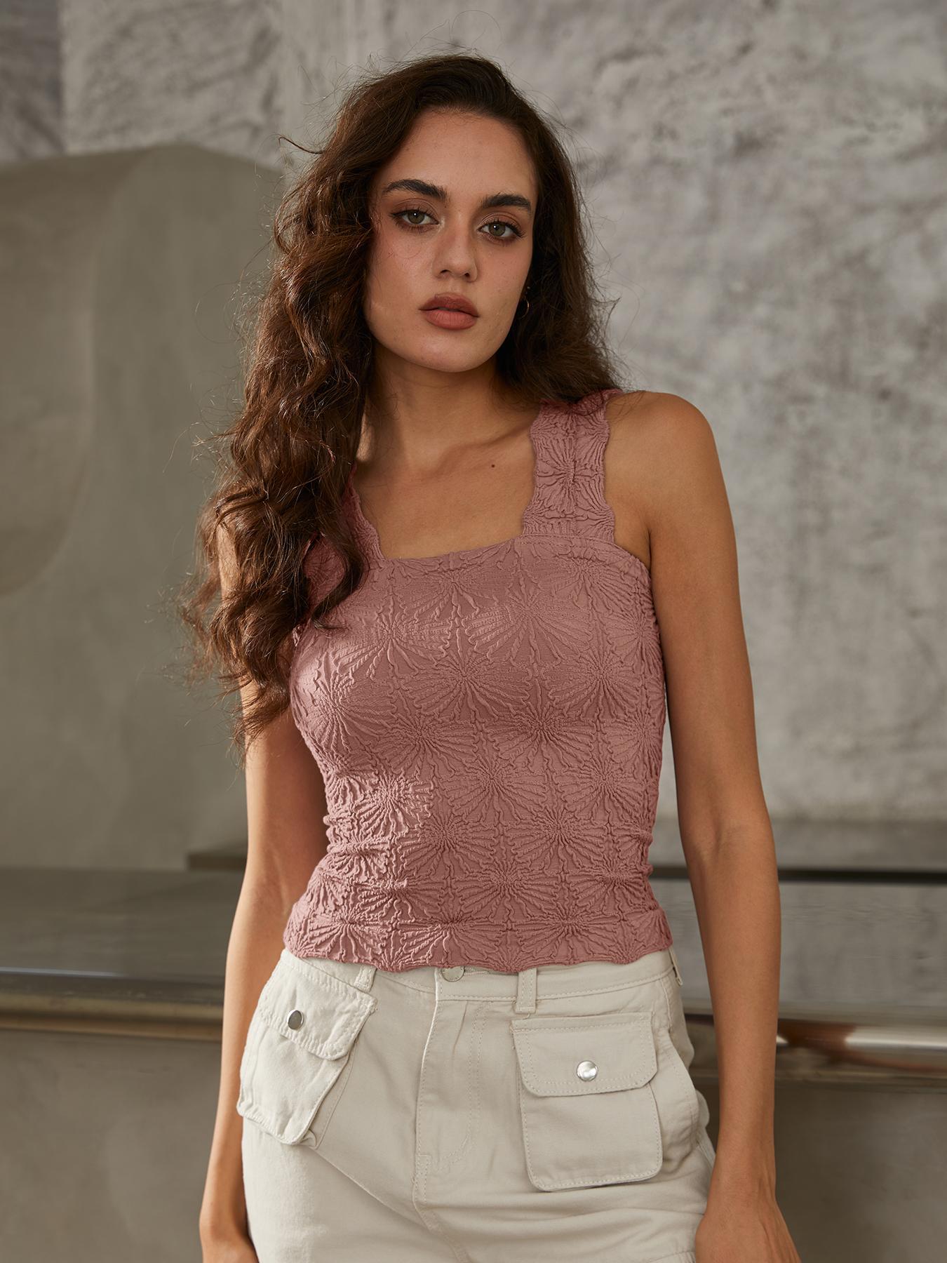 Women's Floral Embossed Sports Tank Top, Casual Solid Textured Sleeveless Sports Top for Yoga Gym Workout, Ladies Sportswear for All Seasons
