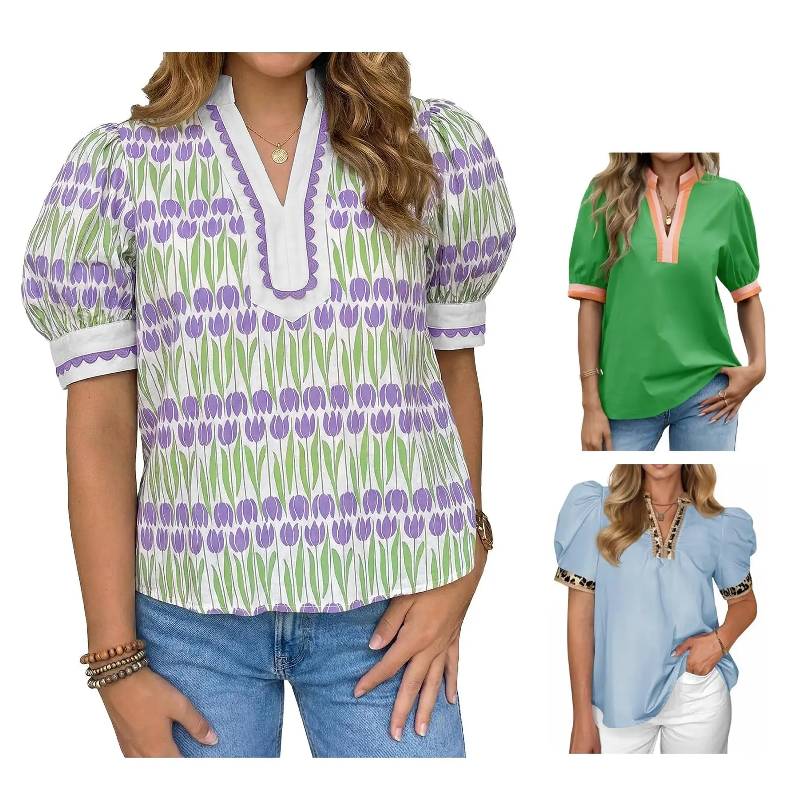 TANKANEO Women's Elegant Chic V-Neck Puff Sleeve Polyester Blouse - Cute Tops for Ladies, Summer Dressy Casual Loose Fit with Floral or Leopard Prints, Suit for Women's Clothes