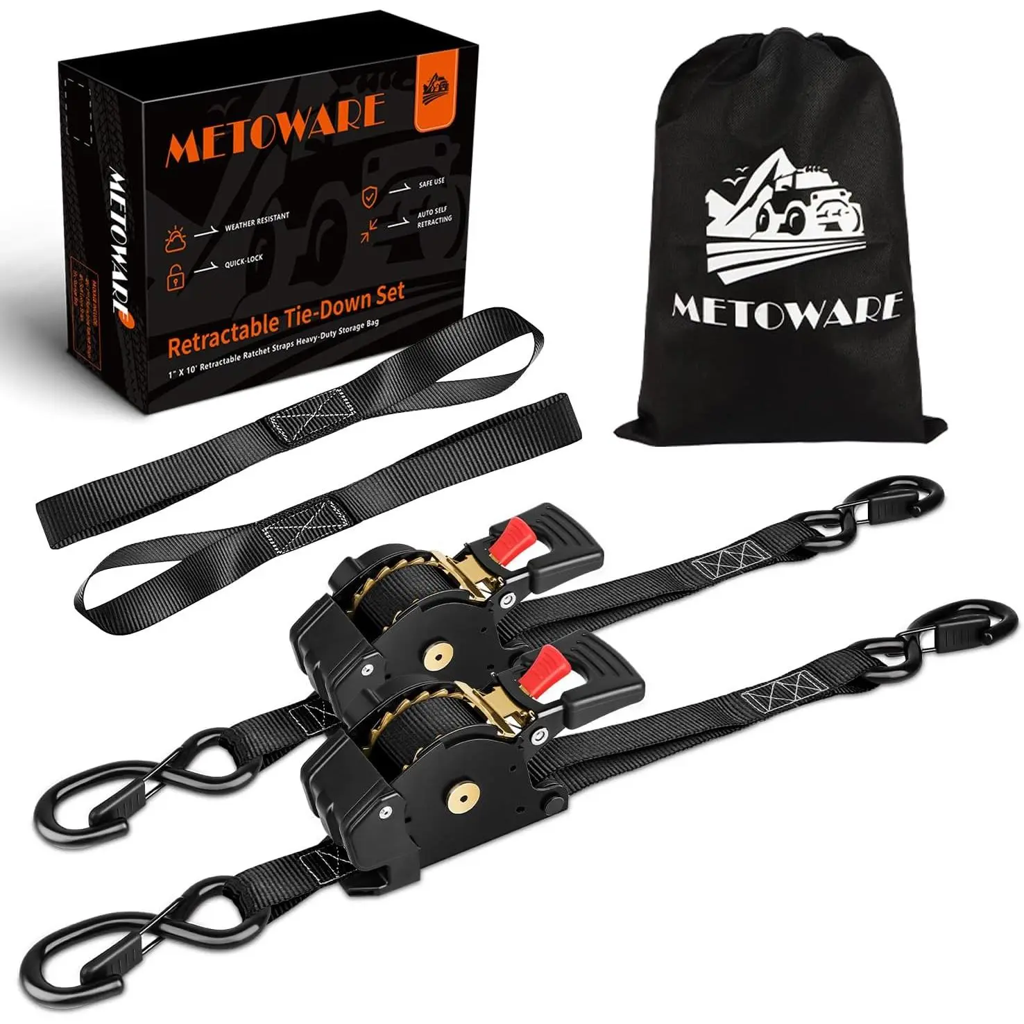 Retractable Ratchet Straps (2-Pack) - 1 in x 10 Ft (1500lb Break Strength) - Duty Auto Self Retracting Straps for Truck, Trailer, Cargo Van, Motorcycle - Black