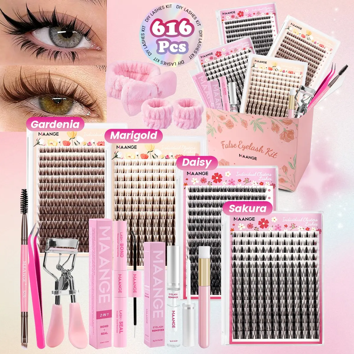 MAANGE 616 Pcs DIY Cluster Lashes Kit, 308 Pcs Black & 308 Pcs Brown Individual Lash Clusters, Full Lash Tools Set with Bond‑Seal, Remover, Tweezers, Eyelash Curler, Brushes, Wrist Washbands & Bowknot Hair Bands, Beauty Tools