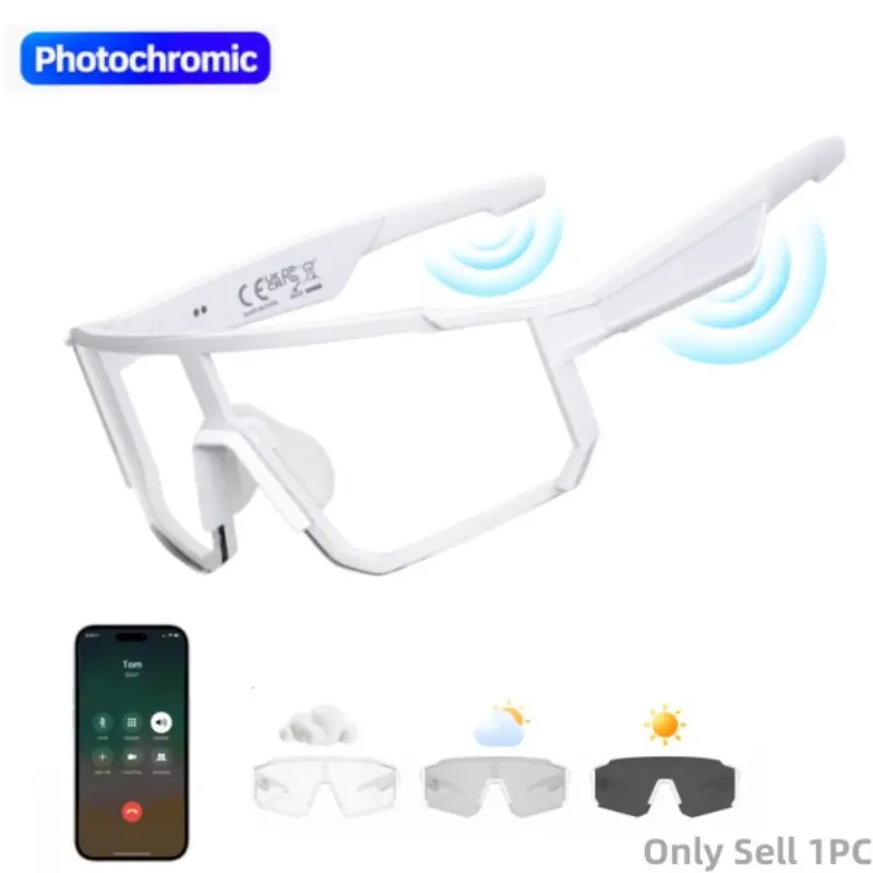 Bluetooth Smart Sports Sunglasses with Photochromic Lens, Open-Ear Audio, Hands-Free Calls, Voice Assistant and UV400 Eye Protection for Cycling, Running and Outdoor Activities