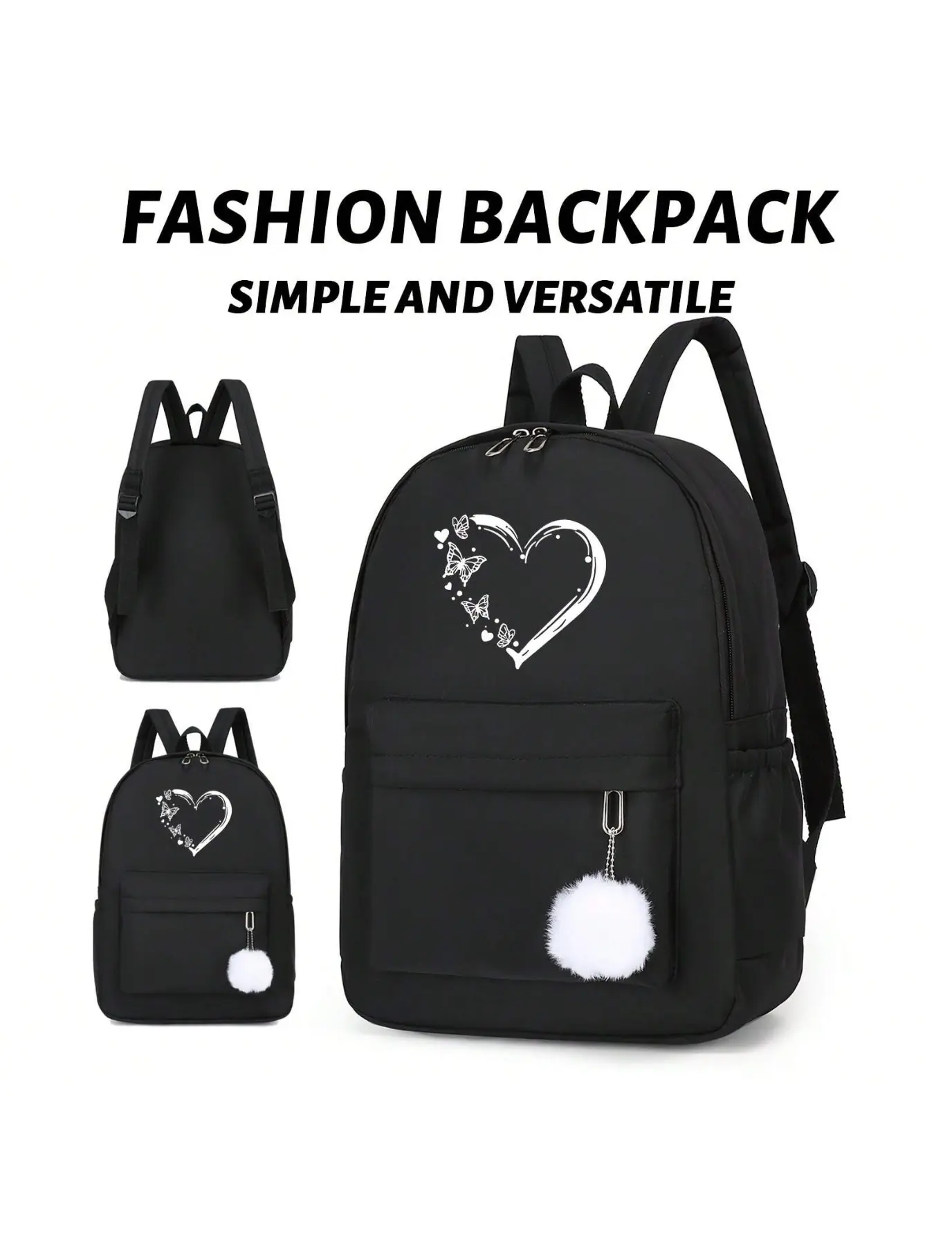 Heart Butterfly Print Backpack with Plush Charm, Large Capacity, Ideal for Makeup, Travel, Weddings, Birthdays, Beach, Holidays, Gifts
