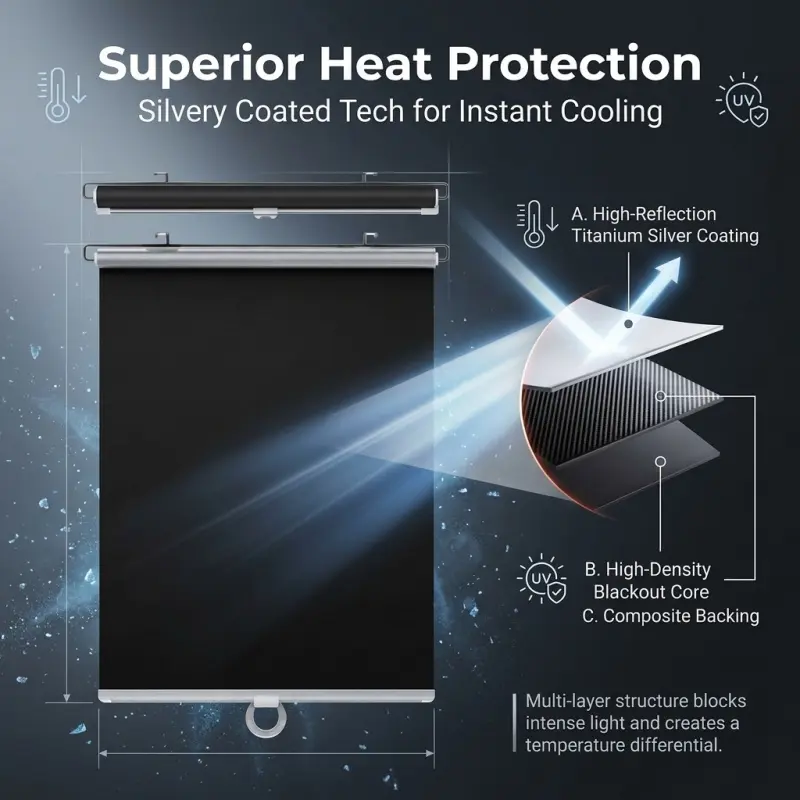 Punch-free Suction Full Blackout Roller Shade, retractable design blocks strong light effectively. Great heat insulation brings cool feeling, practical for daily sun shading. Retractable Sunshade
