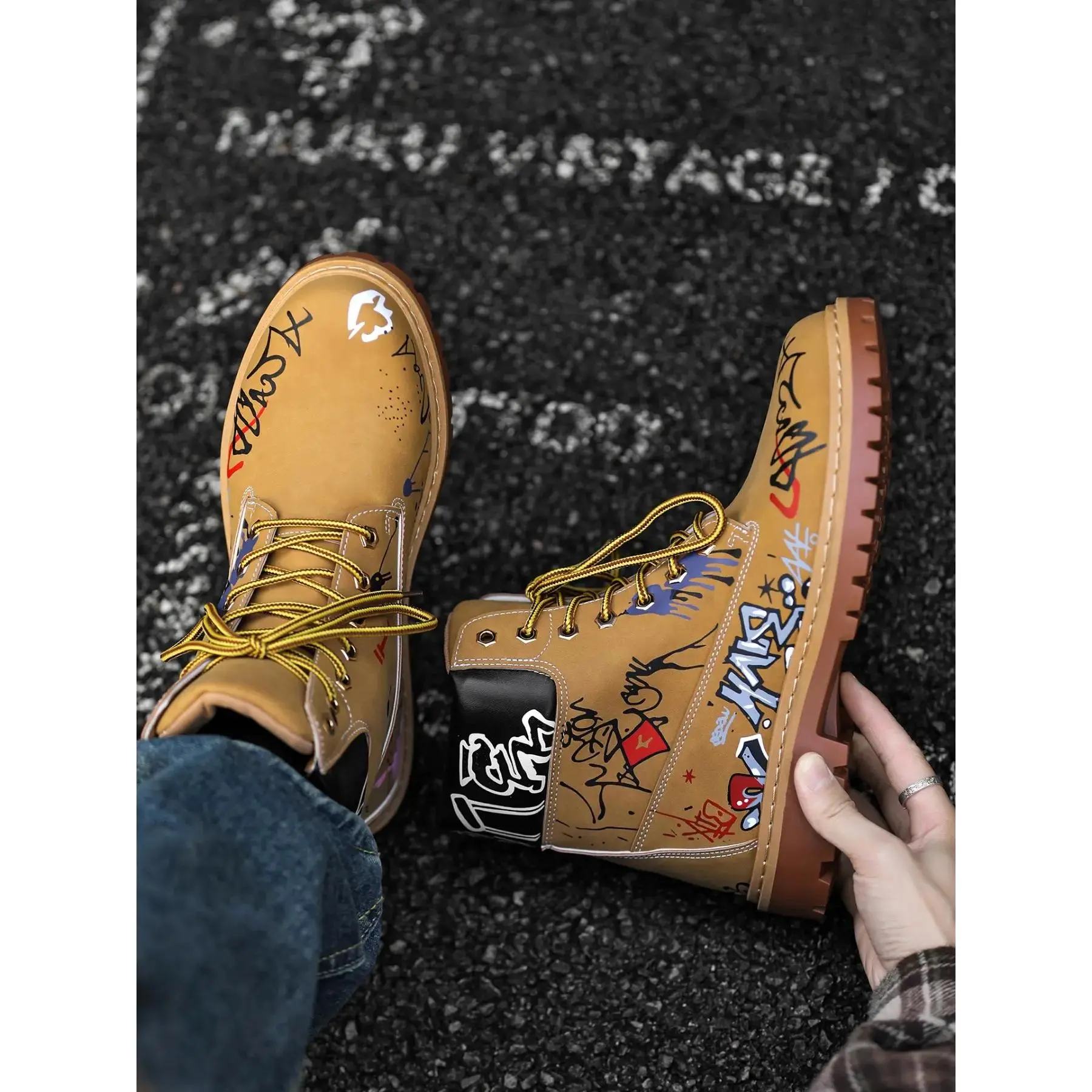 YYT1 Men's-Top Lace-Up Boots, Cowboy Boot, Vintage Style, PU Leather, Mid-Calf, Pop Art Print, Casual Fashion, Streetwear, All Seasons, Footwear Boot