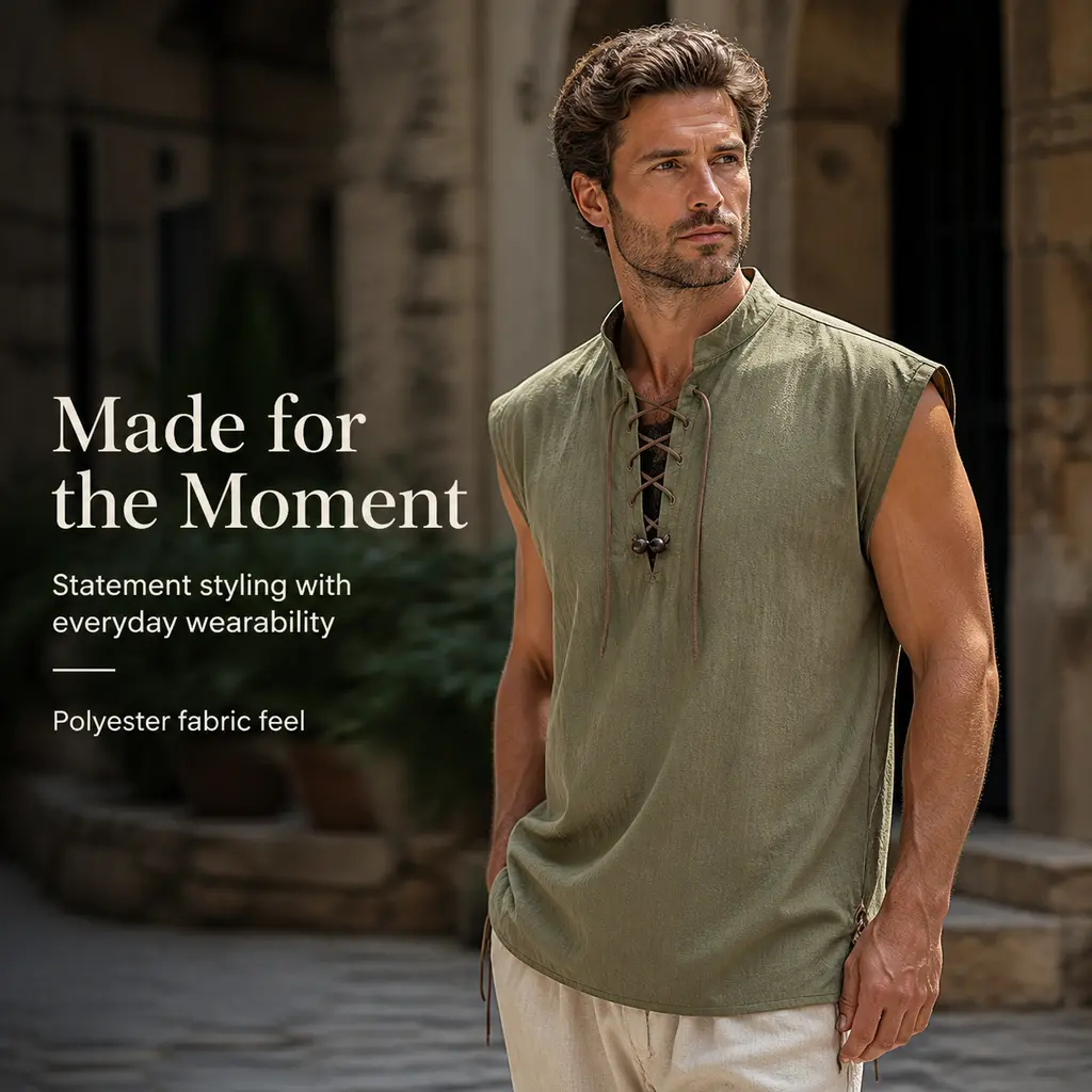 Men's Polyester Medieval Renaissance Stand-Collar Sleeveless Lace-Up Tunic Top - Olive Green Viking Peasant Vest for Halloween Cosplay, Renaissance Fair Events
