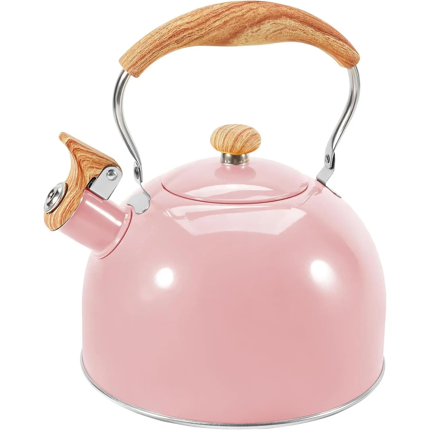 Tea Kettle for Stove Top, 85OZ/2.6QT Whistling Tea Kettles for Boiling Water Milik or Coffee, Pink Stainless Steel Tea Pots with Wood Pattern Folding Handle, Thumb Design Control Kettle Outlet