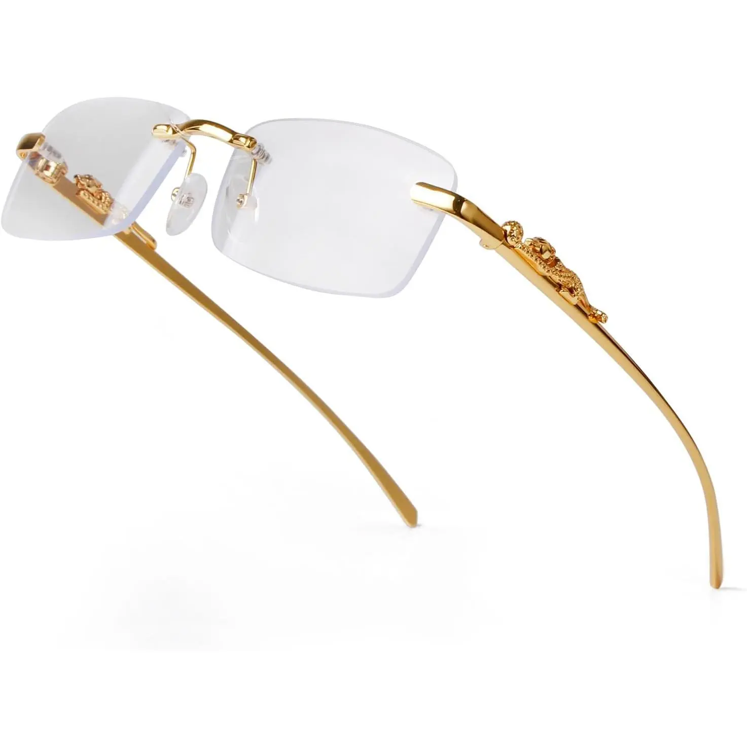 Unisex Rimless Rectangular Sunglasses, 90s Vintage Small Gold Metal Frame, Trendy Transparent PC Blue Light Blocking Lenses, Friends-Inspired, for Daily Wear & Driving, Gold/Clear